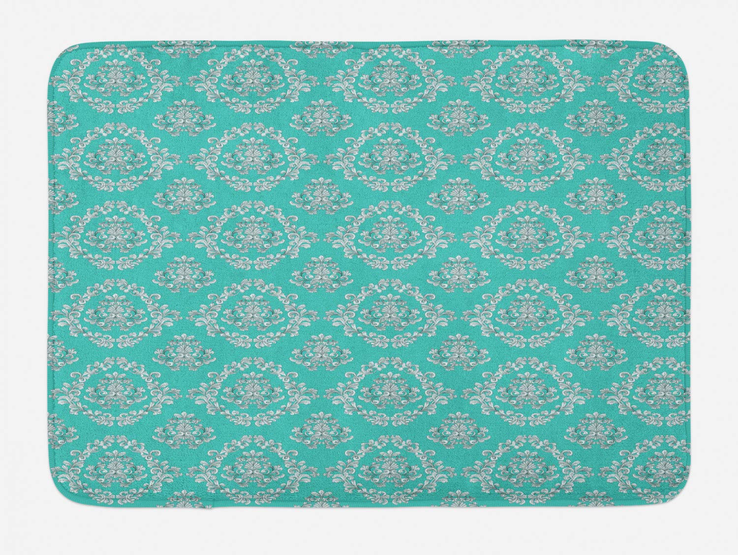 Lunarable Victorian Bath Mat - Greek Roman European Floral Design, Nature Inspired Art Nouveau Style Plush Bathroom Rug with Non-Slip Backing, 30.2 x 20 Inches, Turquoise Teal White - Perfect for Vintage Decor, Guest Bathrooms & Luxury Home Spa