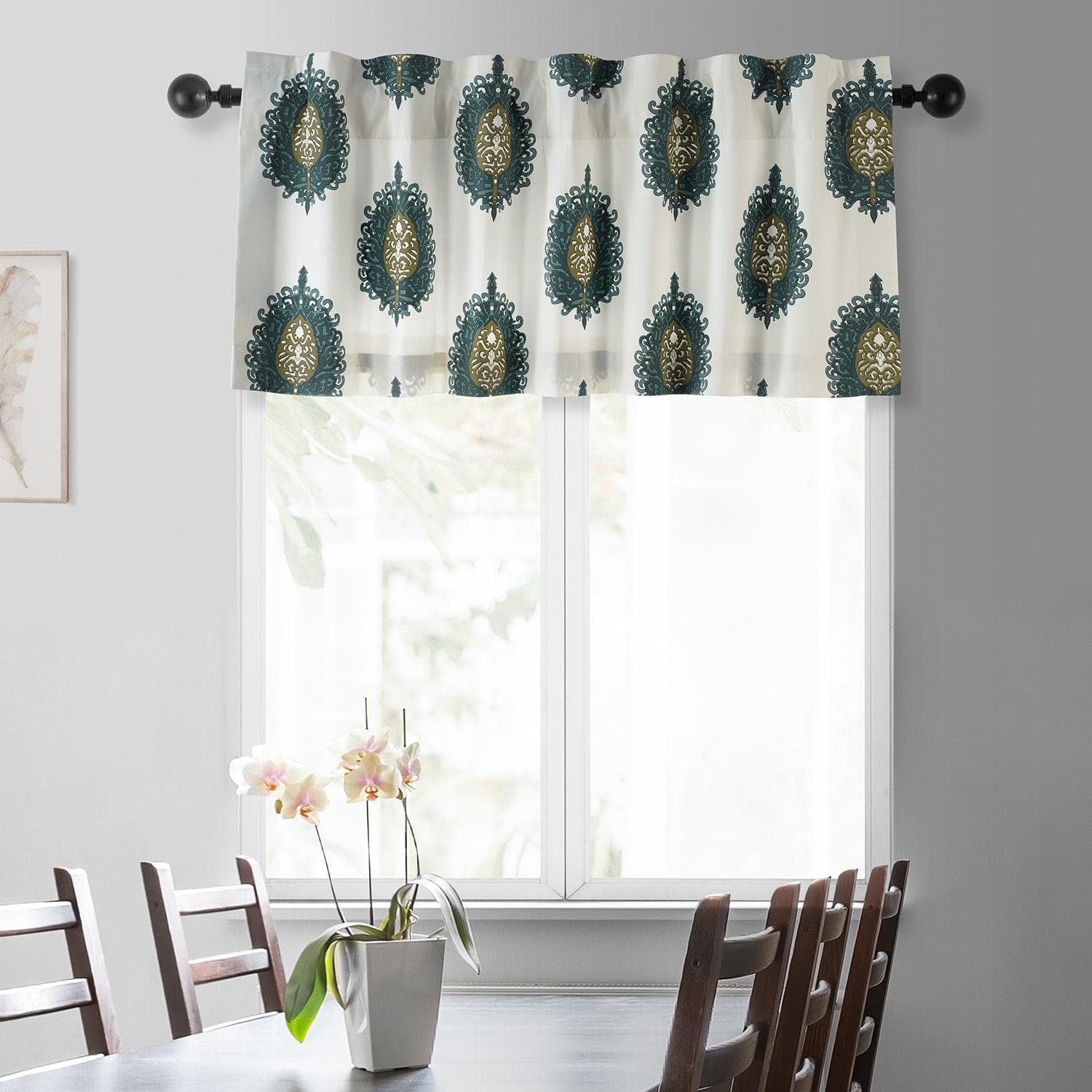 Mayan Teal Emblem Printed Cotton Window Valance - Handmade Boho Curtain Valance for Living Room, Bedroom & Kitchen Decor (36x14 Inches) - Perfect for Bohemian, Farmhouse & Eclectic Home Styling