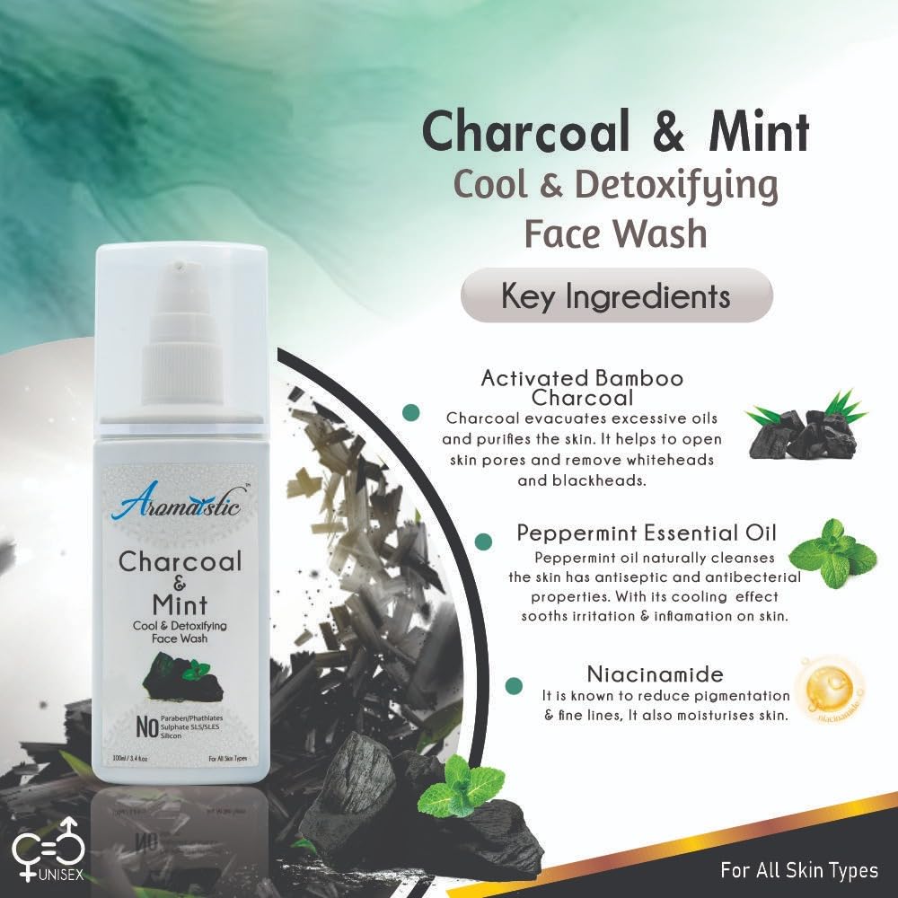 Natural Charcoal & Mint Face Wash for Men & Women - Deep Cleansing, Exfoliating, Aromatherapy | Paraben & Sulfate Free, Pollution Defense | 100ml | Perfect for Daily Skincare & Post-Workout Refreshment