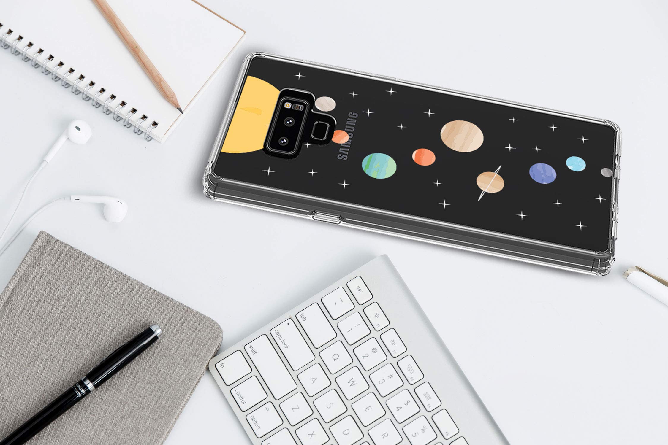 DistinctInk Clear Shockproof Hybrid Case for Samsung Galaxy Note 9 - TPU Bumper with Acrylic Back & Tempered Glass Screen Protector - Solar System Planets Design - Perfect for Work, Travel & Everyday Protection