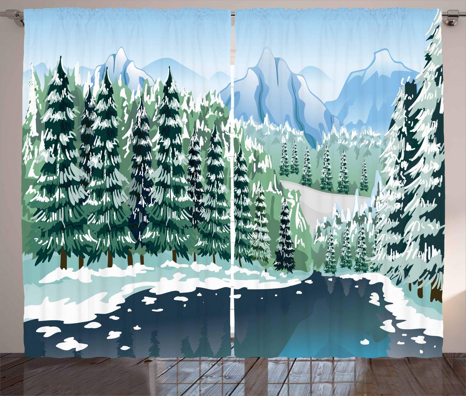 Ambesonne Winter Forest Cartoon Curtains - Snowy Mountains & Frozen River Design, 2 Panel Set 108