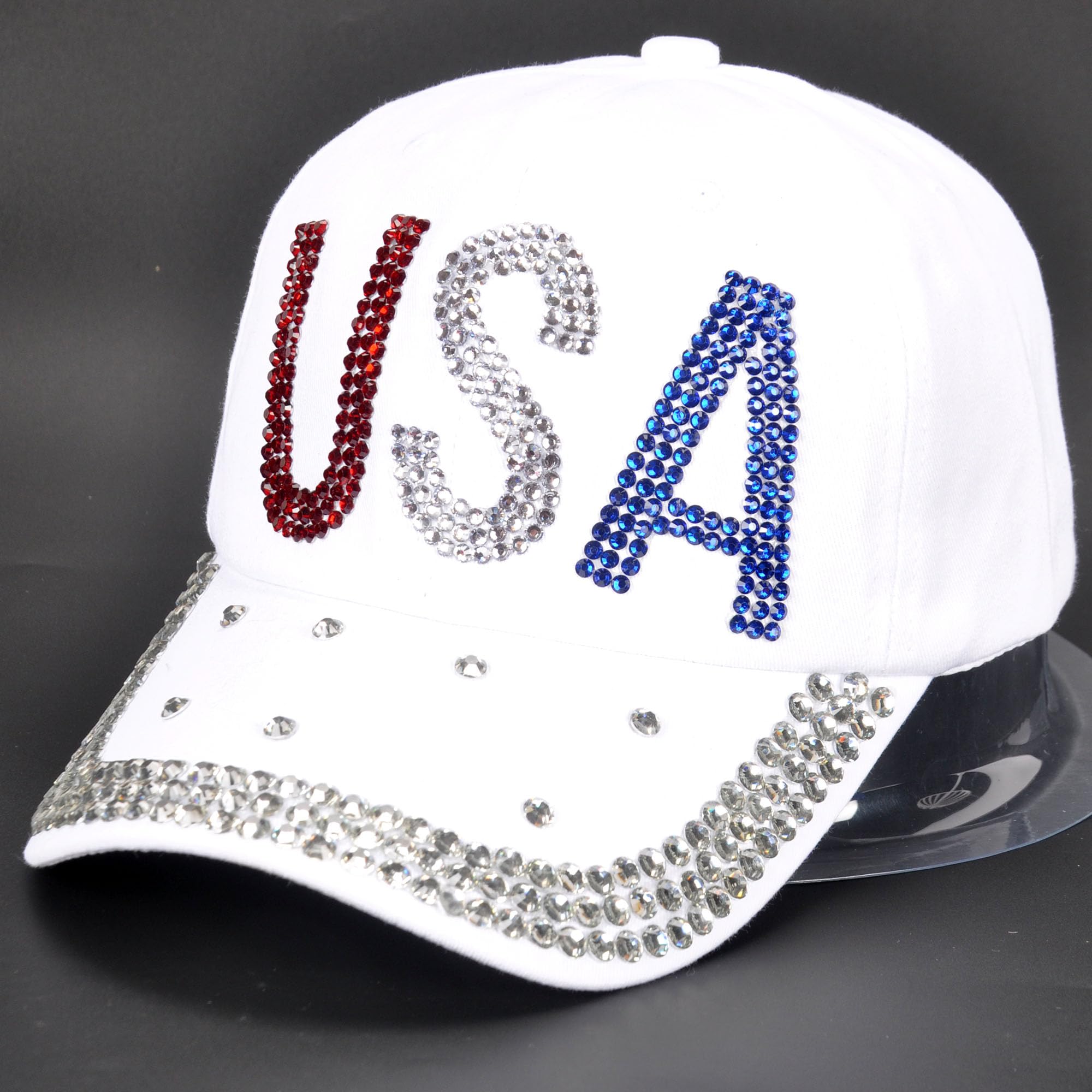 Sparkling Rhinestone Baseball Cap for Men & Women - Adjustable Denim Golf Hat with USA Design - Perfect for Casual Wear, Golfing & Outdoor Activities (White)