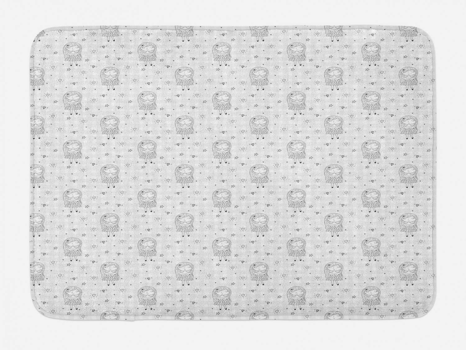 Ambesonne Cartoon Bath Mat for Girls - Non-Slip Plush Bathroom Rug with Dotted Dress, Diamonds, Hearts & Stars Design, 30.2