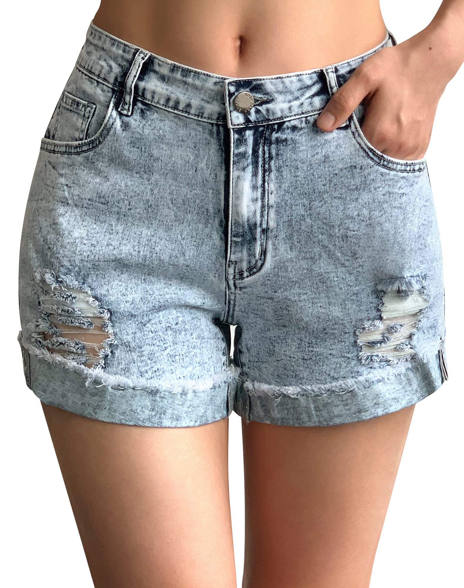 Roswear Women's Ripped Mid Rise Stretchy Denim Shorts - Comfortable Distressed Jean Shorts for Casual Wear, Summer Outfits & Street Style Fashion