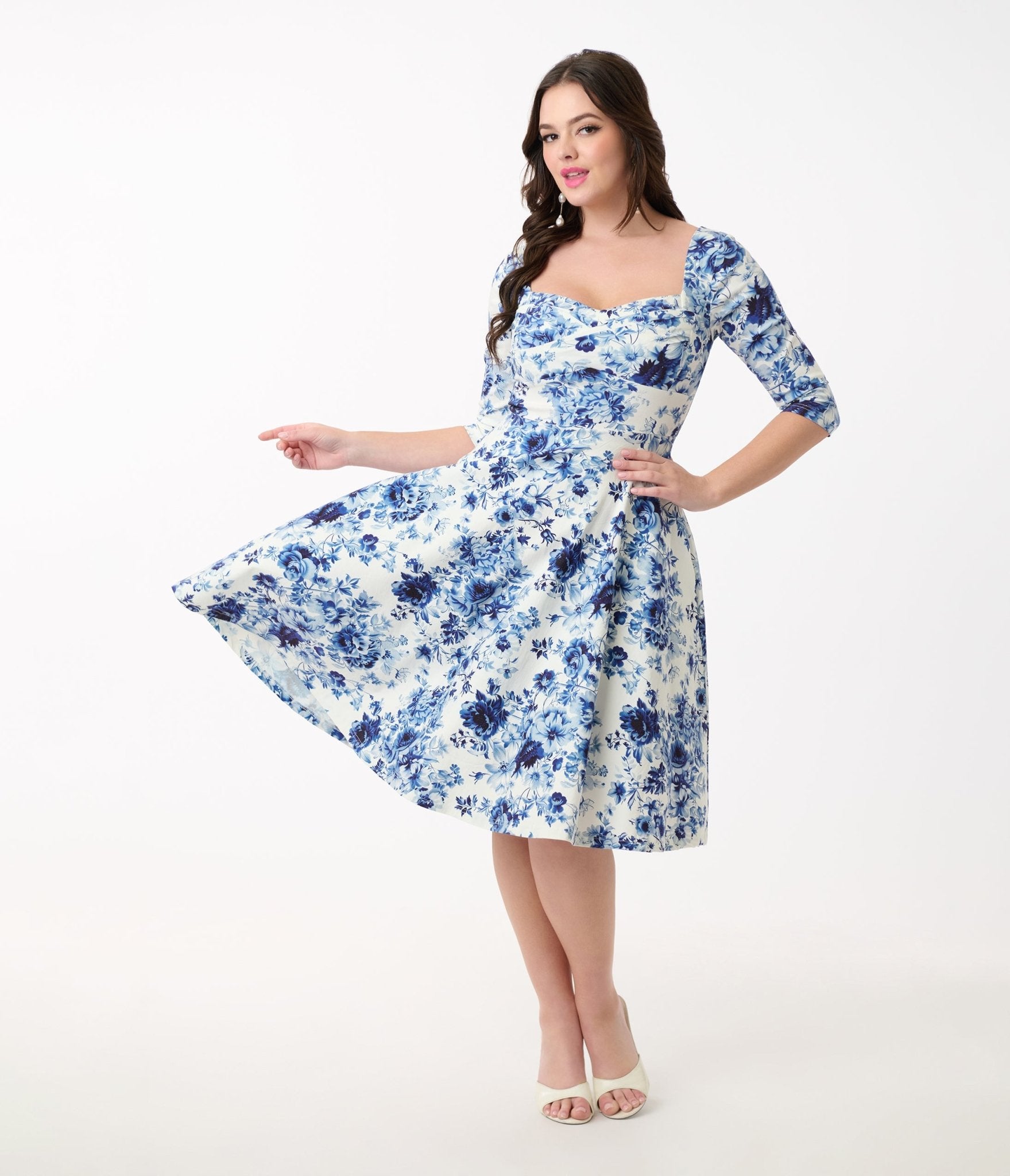 Vintage 1950s White & Blue Floral Pleated Swing Dress - Retro Cocktail Party & Wedding Guest Outfit