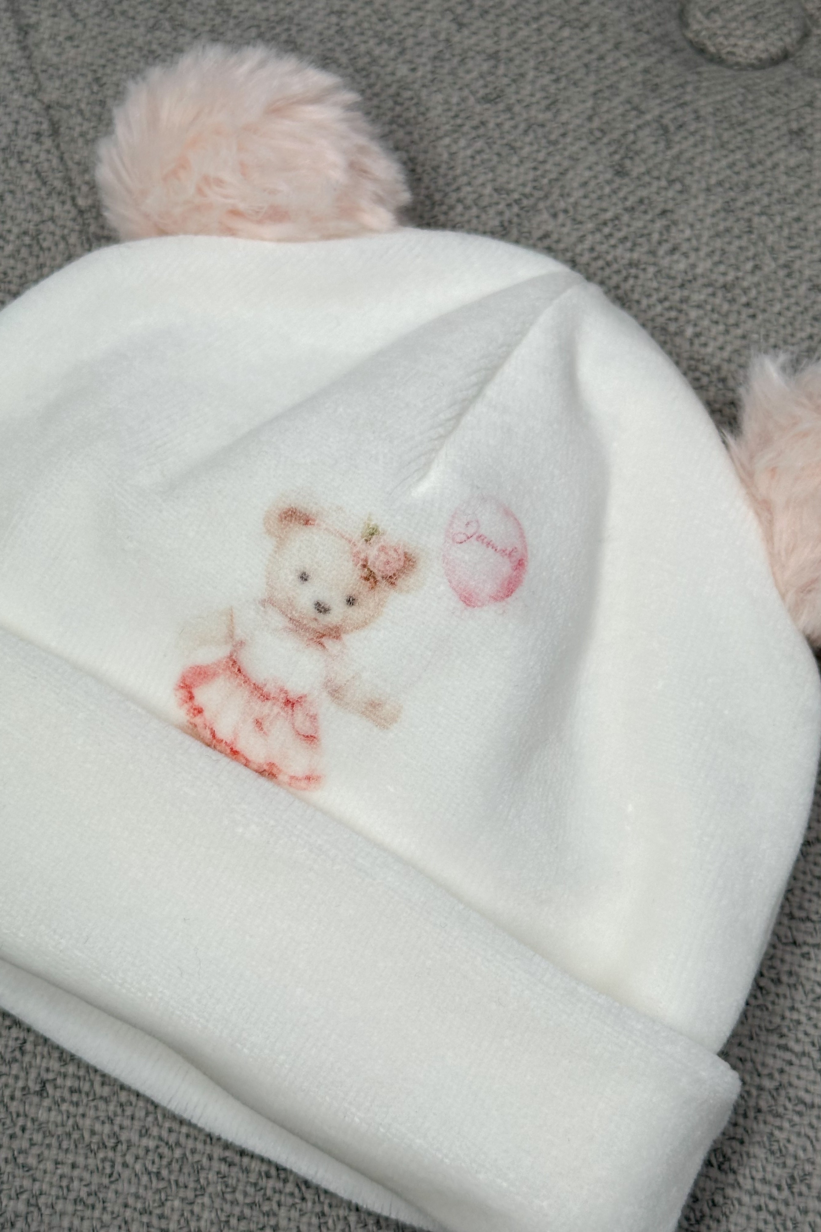 Ivory & Pink Velour Bear Hat - Soft Winter Beanie for Women & Girls, Cute Animal Ear Hat for Cold Weather, Perfect for Outdoor Activities & Holiday Gifts