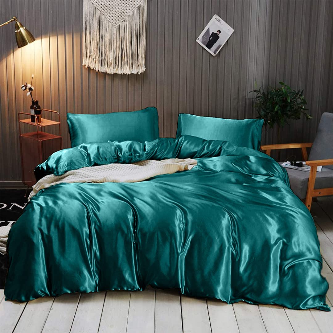 Luxury 7-Piece Silk Satin Bed Sheet Set - Full Size Cooling Breathable Wrinkle-Free Hotel Quality Bedding with Deep Pockets - Teal Duvet Cover & Pillowcases - Perfect for Hot Sleepers & Upscale Bedroom Decor