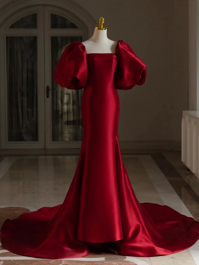 Elegant Burgundy Puff Sleeve Satin Long Prom Dress | Formal Evening Gown for Women | Perfect for Homecoming, Ball, and Special Occasions