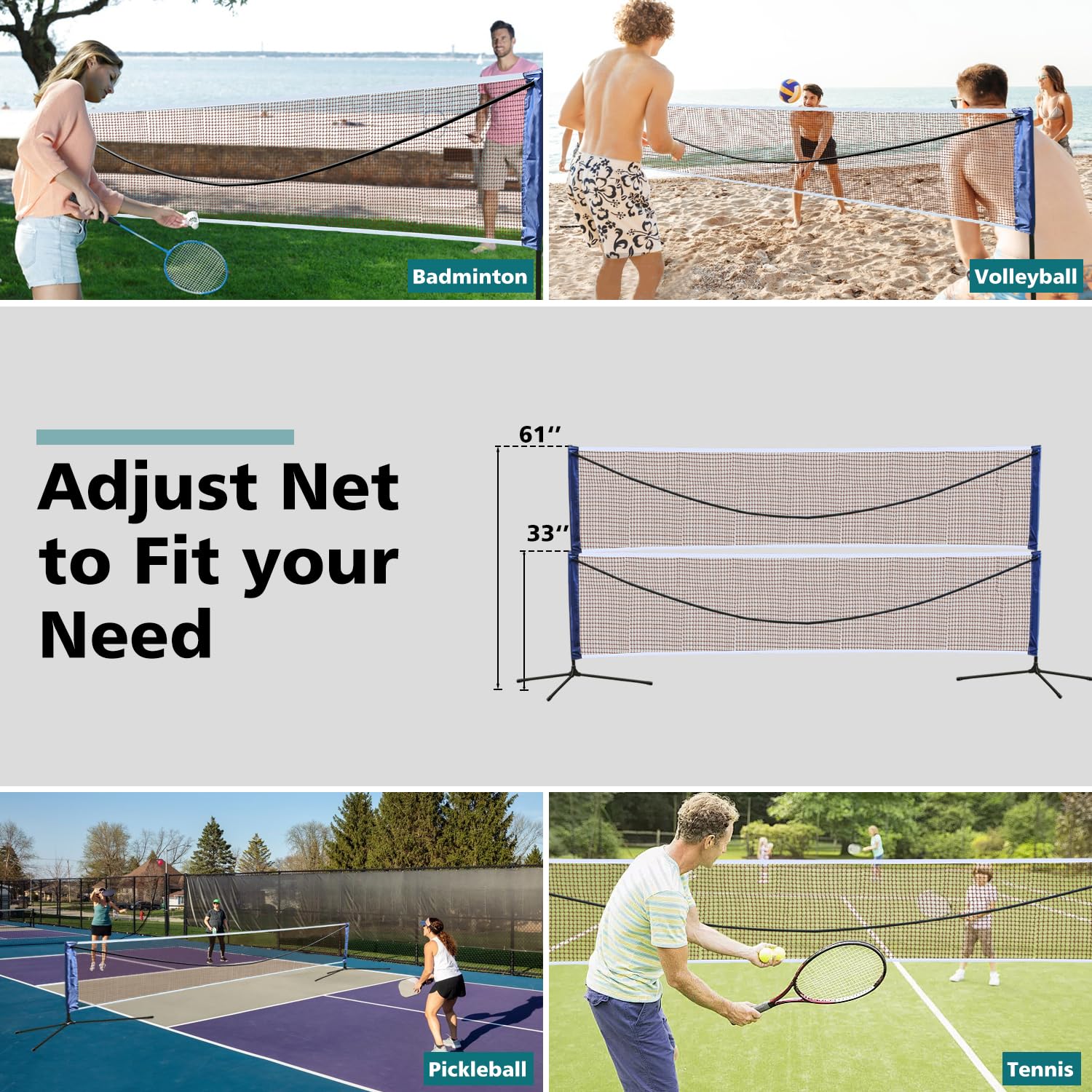 Adjustable Badminton Pickleball Volleyball Net - 10ft/14ft/17ft/20ft Wide Foldable Nylon Sports Net for Backyard, Beach, Park & Indoor Outdoor Games - Easy Setup & Portable for Family Fun