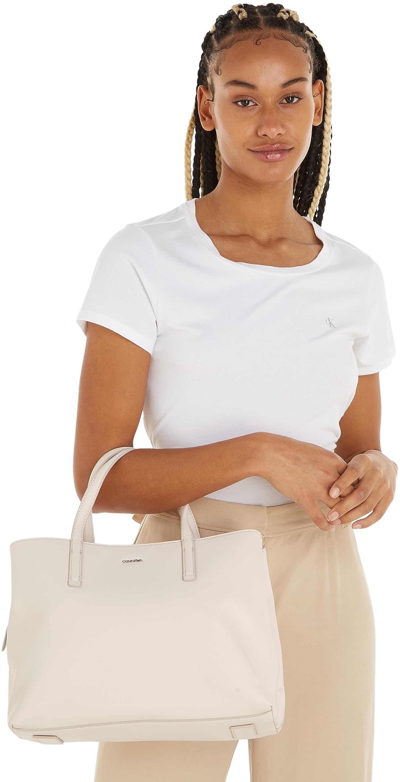 Calvin Klein Women's Medium Tote Bag in Off-White (Crystal Gray) - Stylish & Spacious Handbag for Work, Travel & Everyday Use
