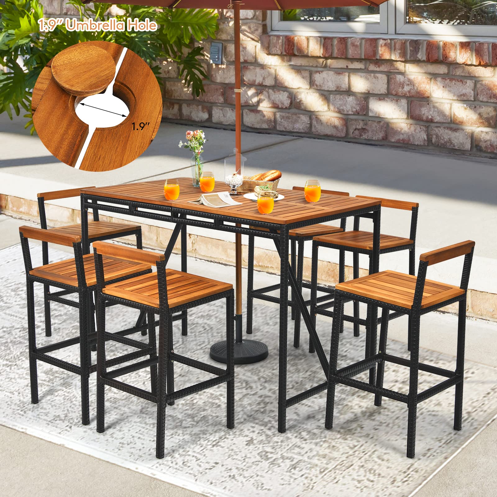 Tangkula 7-Piece Outdoor Dining Set - Acacia Wood Rectangular Table with Umbrella Hole & 6 Rattan Bar Stools - Patio, Backyard, Garden Conversation Set for Outdoor Entertaining and Relaxation