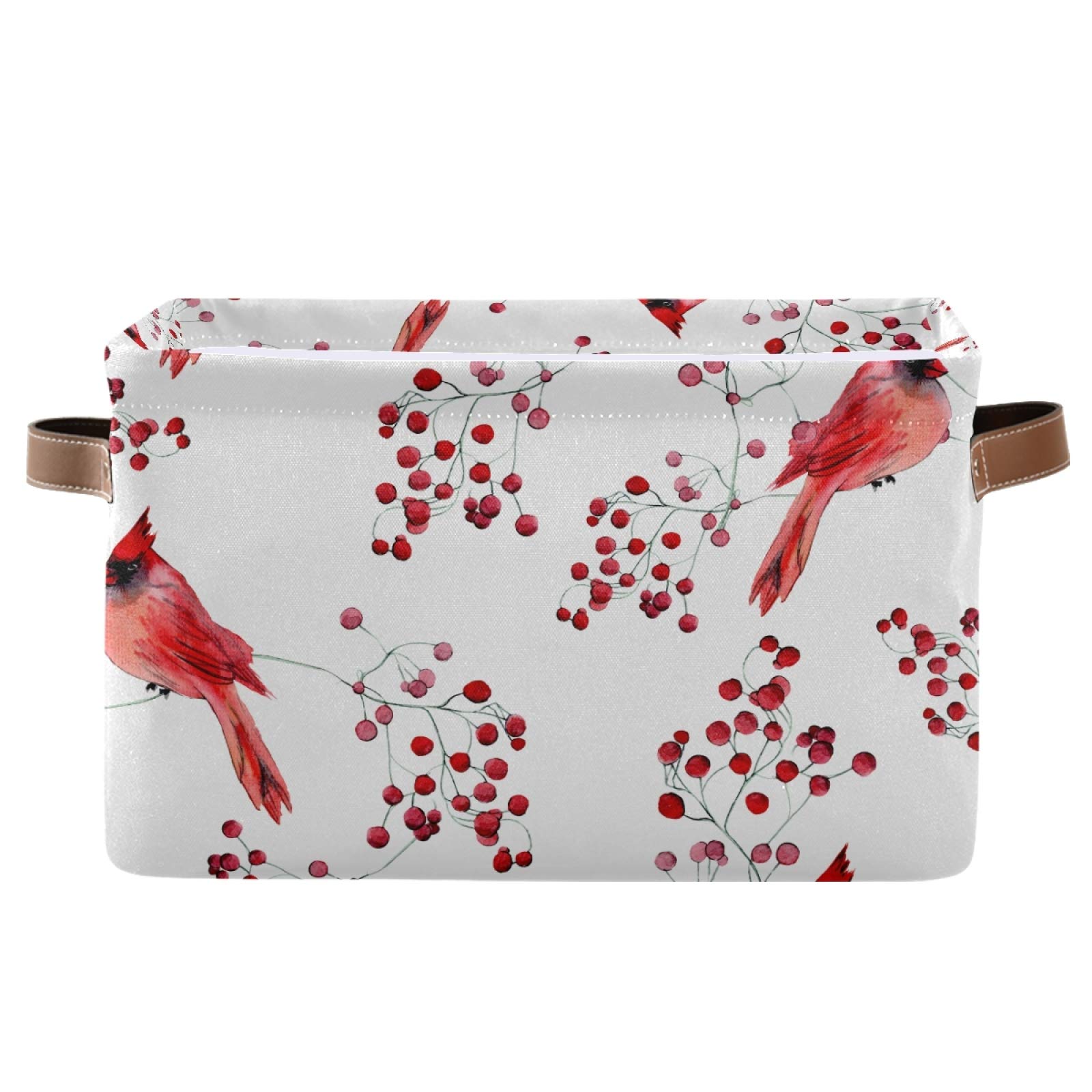 Susiyo Large Foldable Storage Bin - Winter Cardinal Birds Fabric Collapsible Basket with PU Handles | 2-Pack Organizer for Shelves, Closet, Bedroom & Living Room | Perfect for Seasonal Decor, Toy Storage & Home Organization