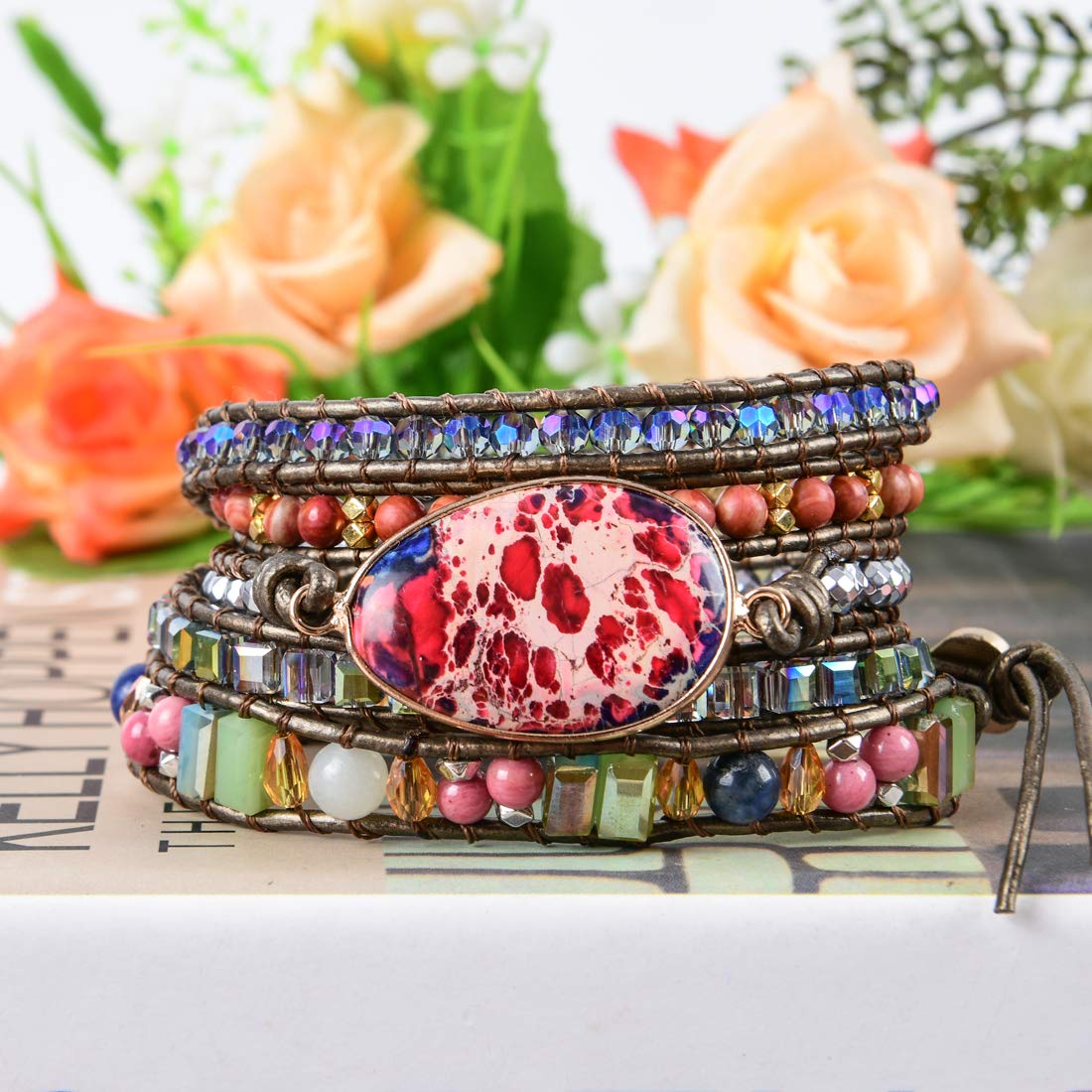YGLINE Adjustable 5-Wrap Multilayer Genuine Leather Boho Beaded Bracelet for Women - Handmade Natural Stone Bohemian Wrap Bracelet | Perfect for Festival, Beach, Yoga & Everyday Boho Chic Style