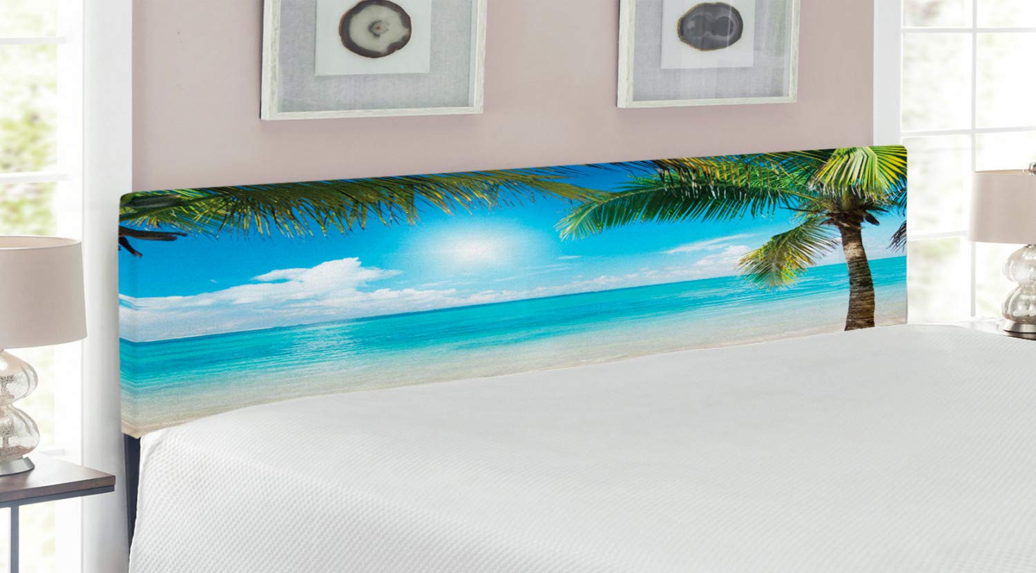 Ambesonne King Size Upholstered Metal Headboard with Memory Foam - Tropical Beach Coconut Palm Trees Design, Aqua Coconut Green - Perfect for Coastal Bedroom Decor & Vacation Home Style