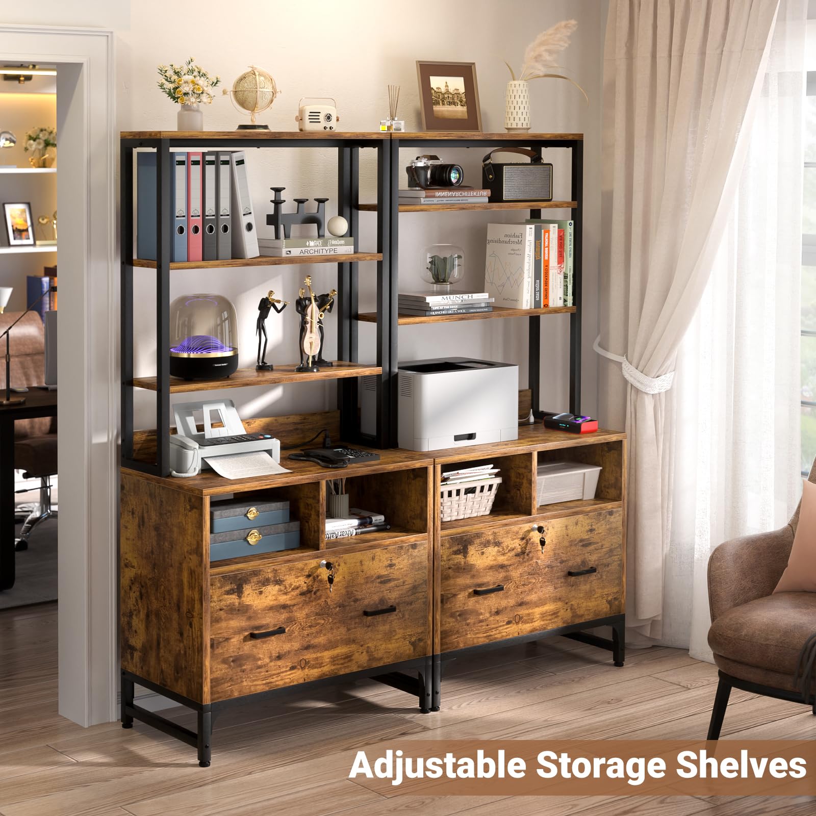 Homieasy Vertical File Cabinet with Charging Station & Lock - Rustic Brown Office Storage Cabinet for Letter/A4/Legal Size Files - Includes Large Drawer, Storage Shelves & Printer Stand - Perfect for Home Office Organization & Workspace Efficiency