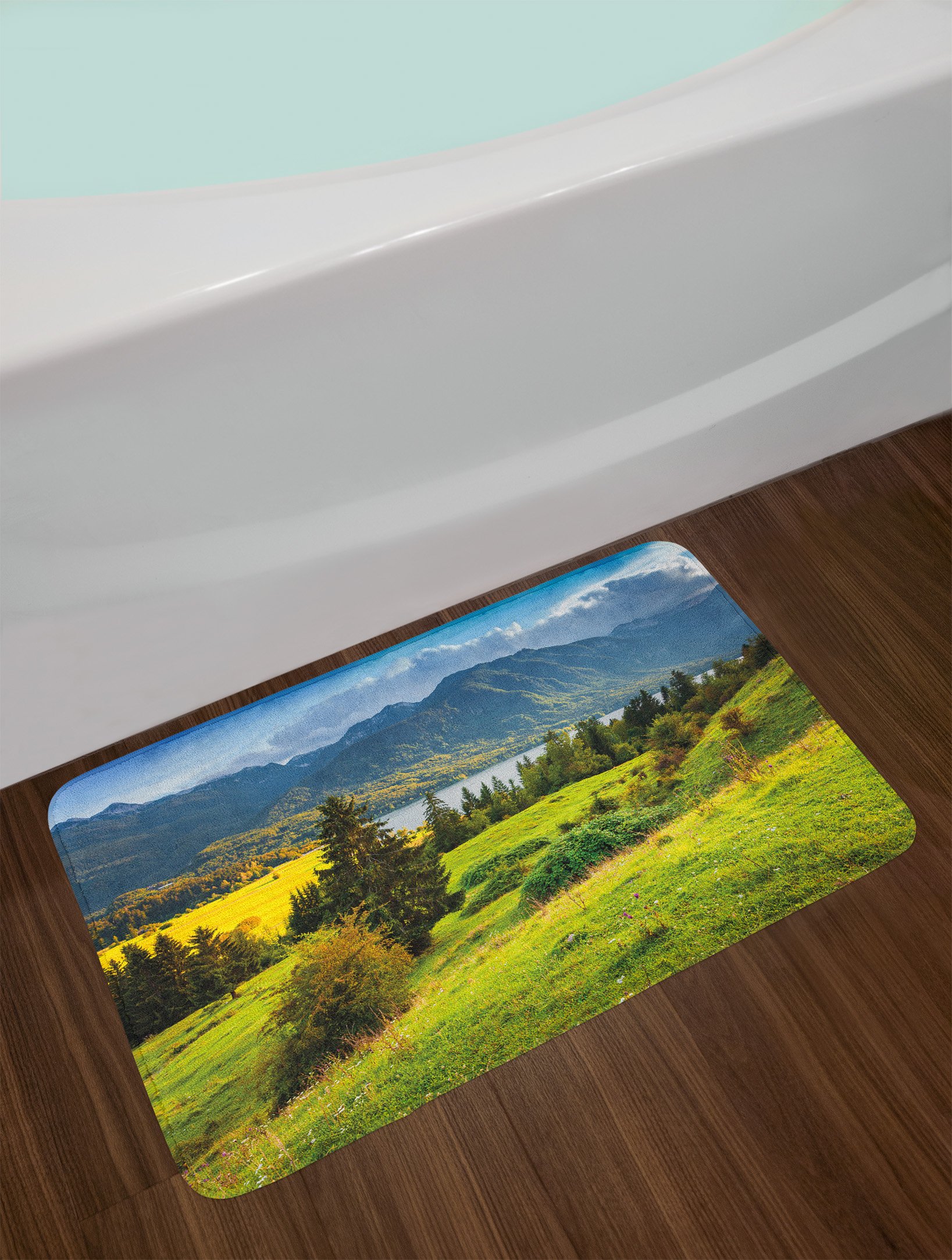 Ambesonne Non-Slip Plush Bath Mat - Slovenia Bohinj Lake Summer Morning Landscape, Green Blue Yellow Nature Design, 30.2