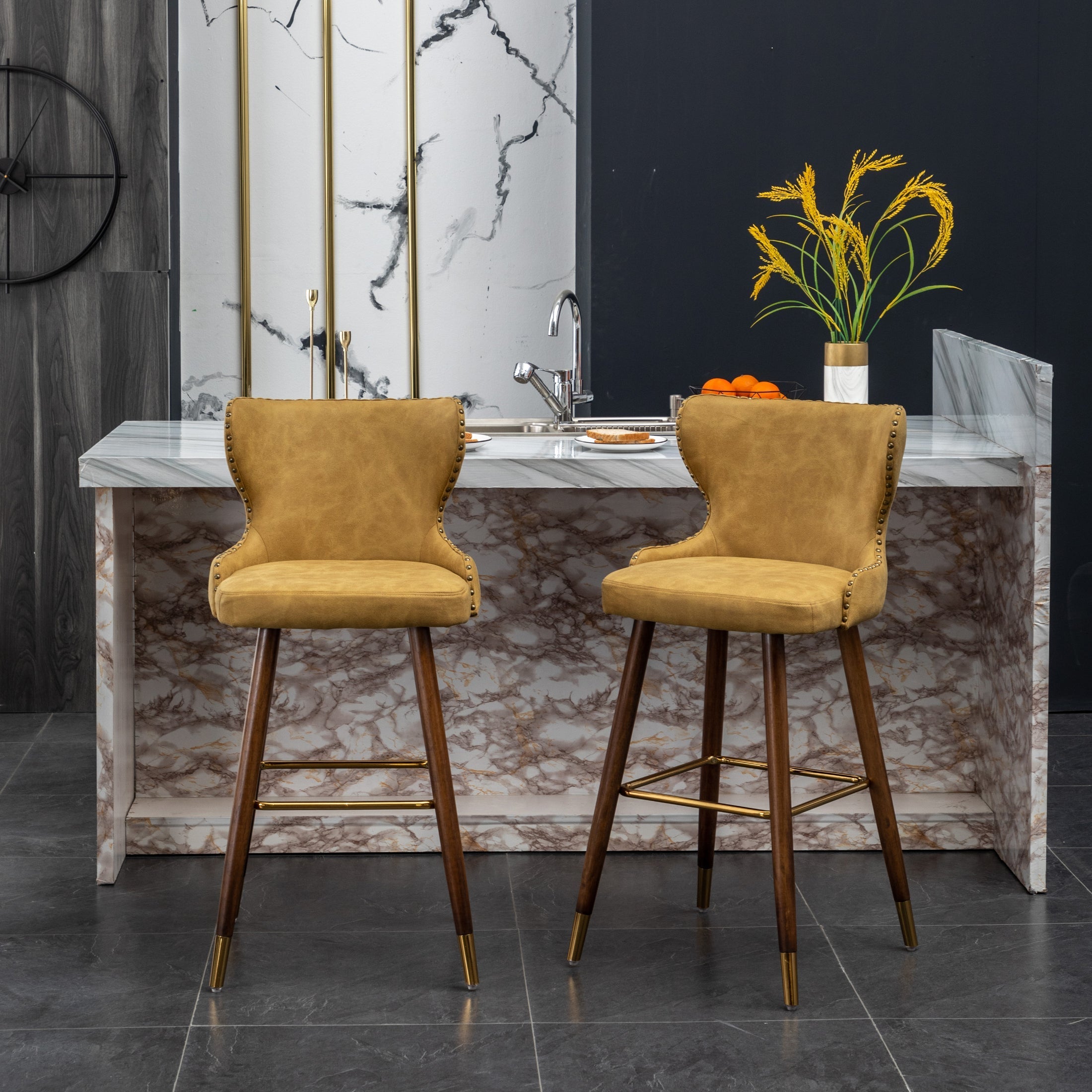 Roundhill Furniture Nevis Mid-Century Modern Faux Leather Tufted Bar Stools with Nailhead Trim - Set of 2 Yellow Counter Height Stools for Kitchen Island, Breakfast Bar & Home Decor