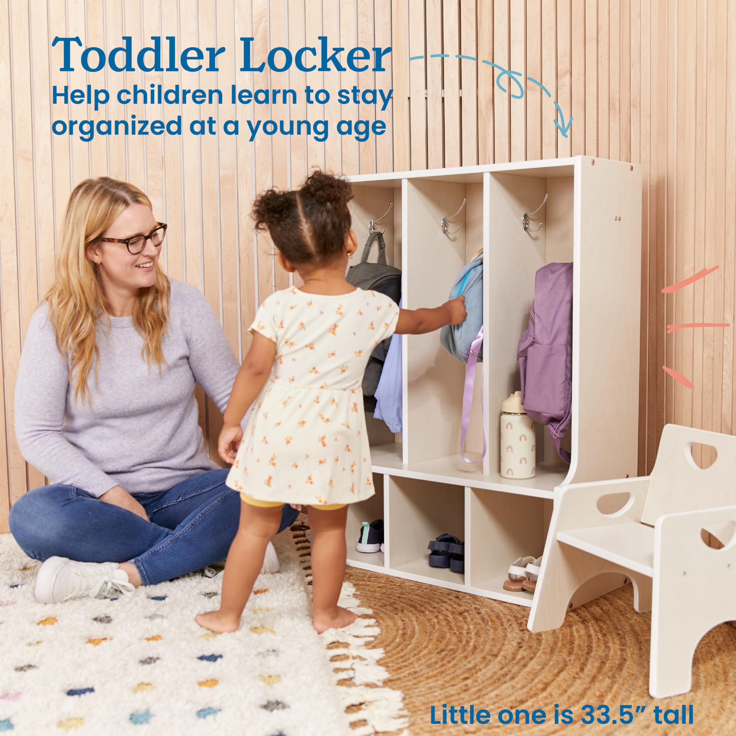ECR4Kids White Wash 3-Section Toddler Coat Locker with Bench - Kids Storage Furniture for Daycare, Preschool & Home Entryway Organization