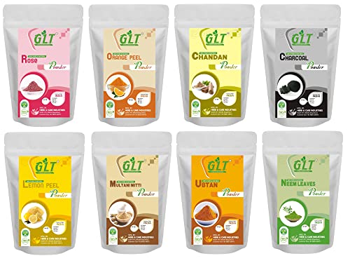 G.L.T. Rose, Sandalwood, Orange Peel, Charcoal, Lemon Peel, Multani Mitti, Ubtan & Neem Powder Face Pack Combo (800g) - Natural Glowing Skin Treatment for Acne & Pimples - DIY Facial Mask for Radiant Complexion & Clear Skin