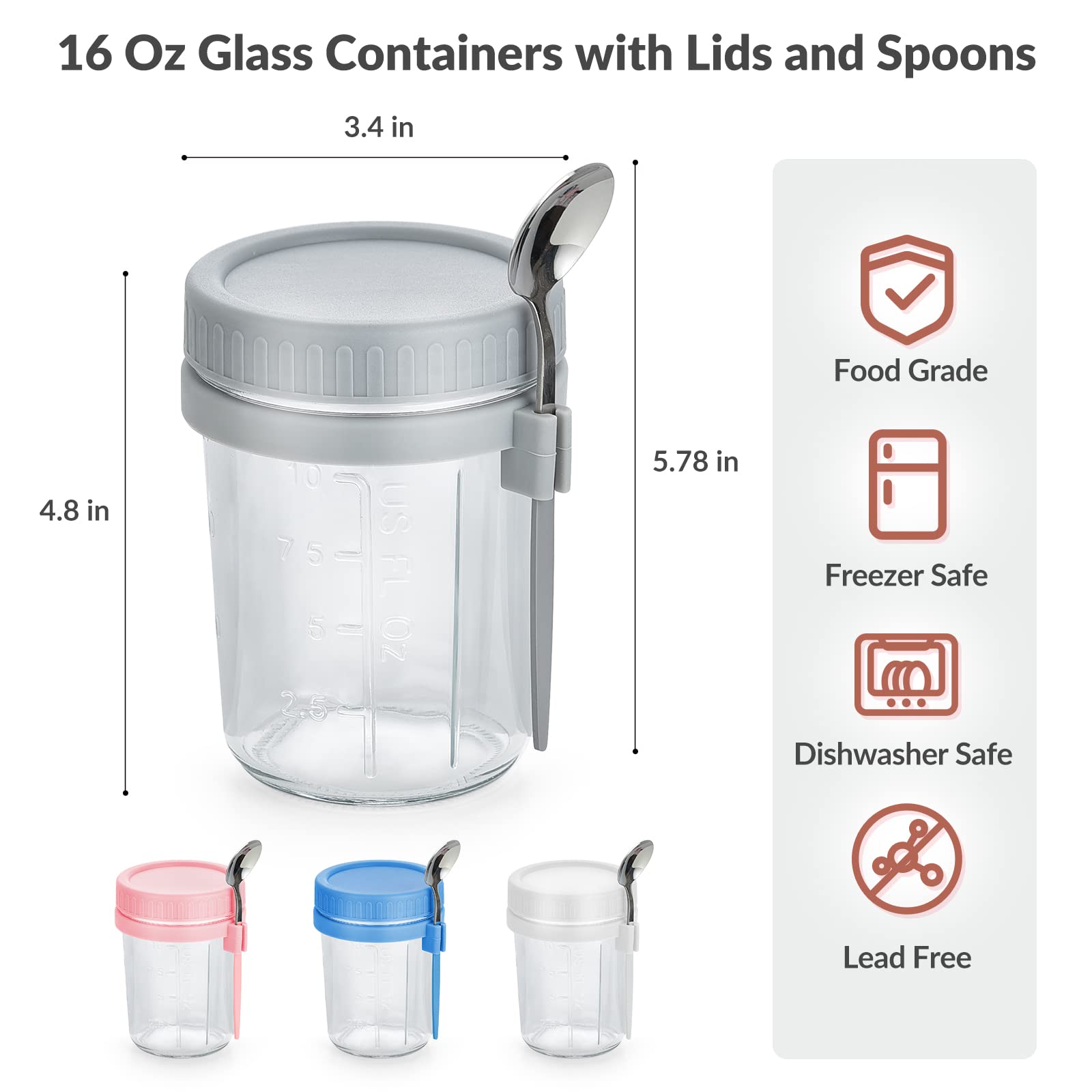 DRKIO 4 Pack 16 Oz Glass Mason Jars with Lids & Spoons - Leak Proof Overnight Oats Containers for Meal Prep, Perfect for Cereal, Yogurt, Fruit, Salad, Vegetables & Milk Storage - Ideal for Breakfast, Office Lunch & Healthy Snacks On-The-Go