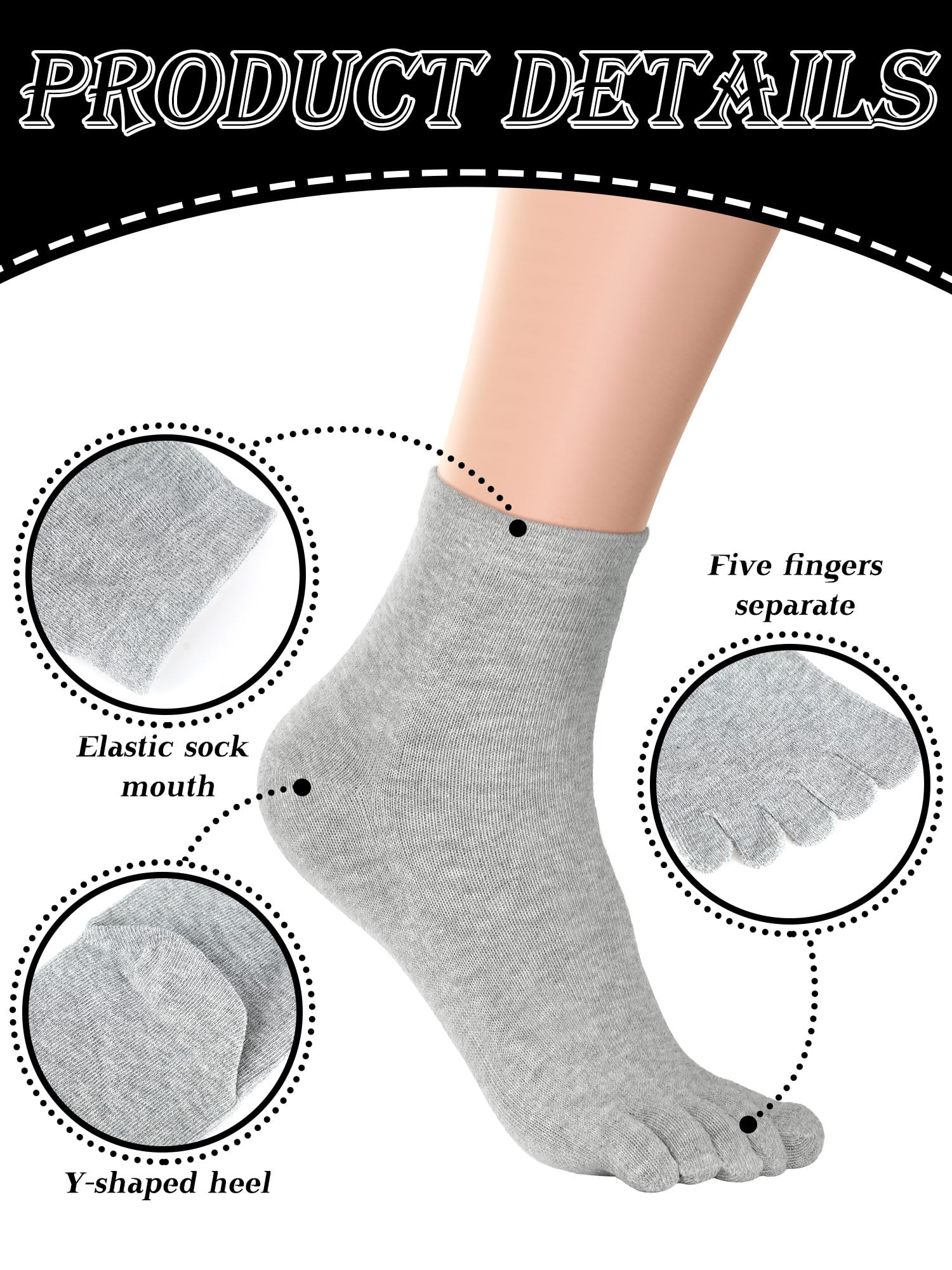 Bencailor 6 Pairs Women's Cotton Breathable Toe Socks - Compression Crew Five Toe Socks for Women & Men - Perfect for Running, Yoga, and Athletic Activities