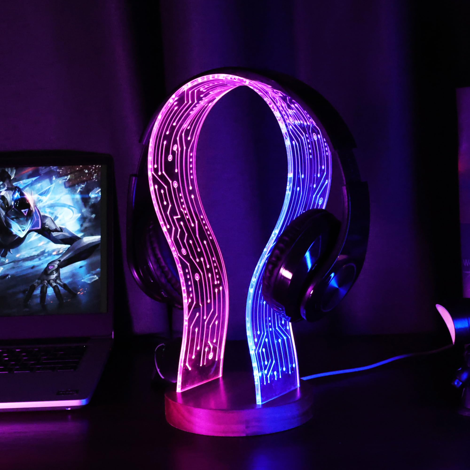 CoolGift Mart LED Headphone Stand with Blue & Pink Night Light - Wooden Gaming Headset Holder for Gamers & Music Lovers - Perfect Desk Organizer for Gaming Setup, Home Office & Bedroom Decor