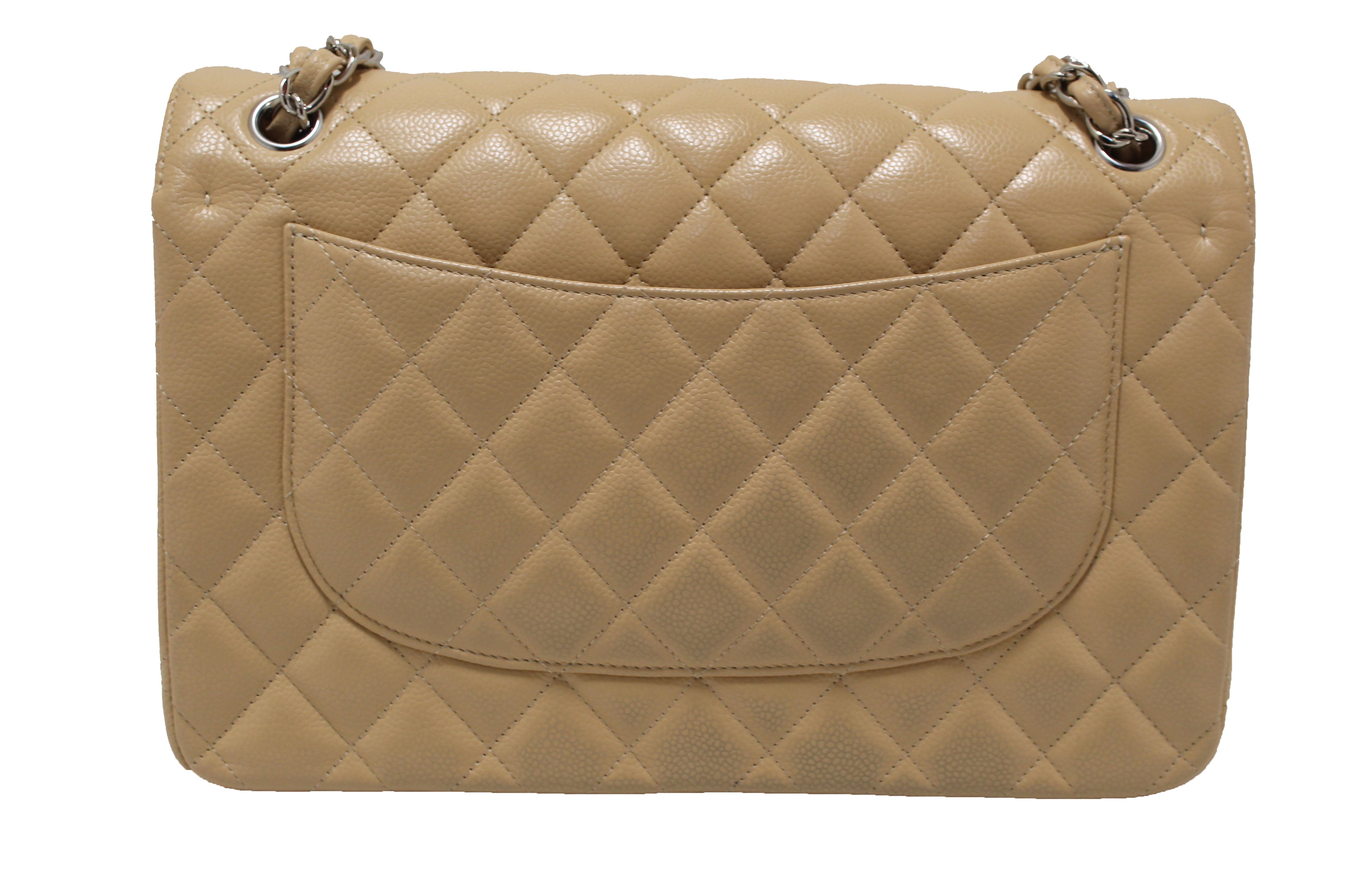 Authentic Chanel Beige Quilted Caviar Leather Classic Jumbo Double Flap Bag - Luxury Designer Handbag for Women, Perfect for Parties, Weddings & Everyday Elegance