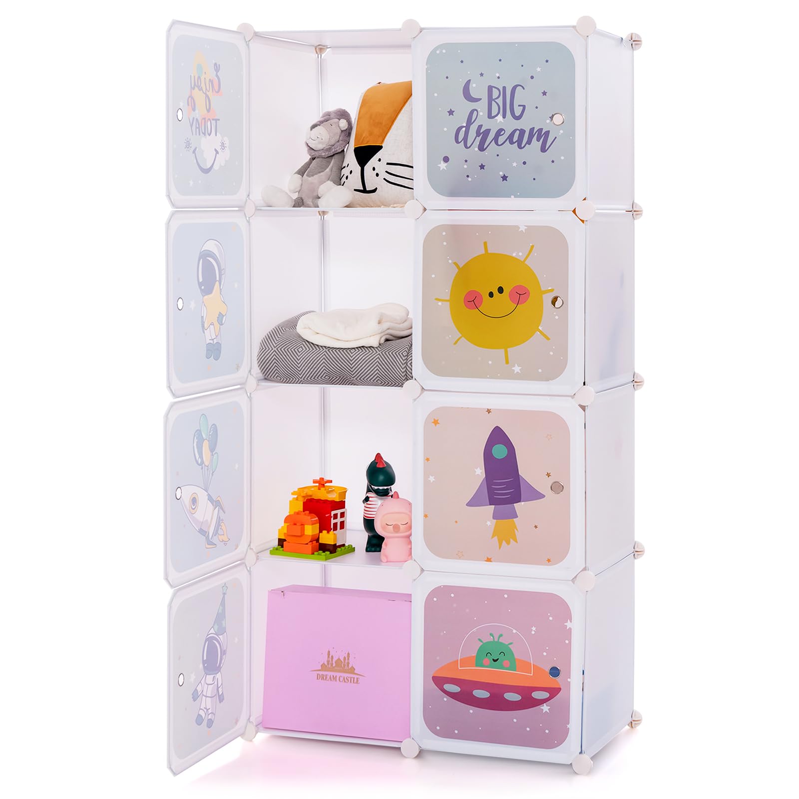INFANS Kids Wardrobe & Closet Organizer - Portable Baby Dresser with 12 Storage Cubes & 2 Hanging Sections for Nursery, Bedroom - White Children's Clothes Storage Cabinet (Perfect for Small Spaces & Shared Kids Rooms)
