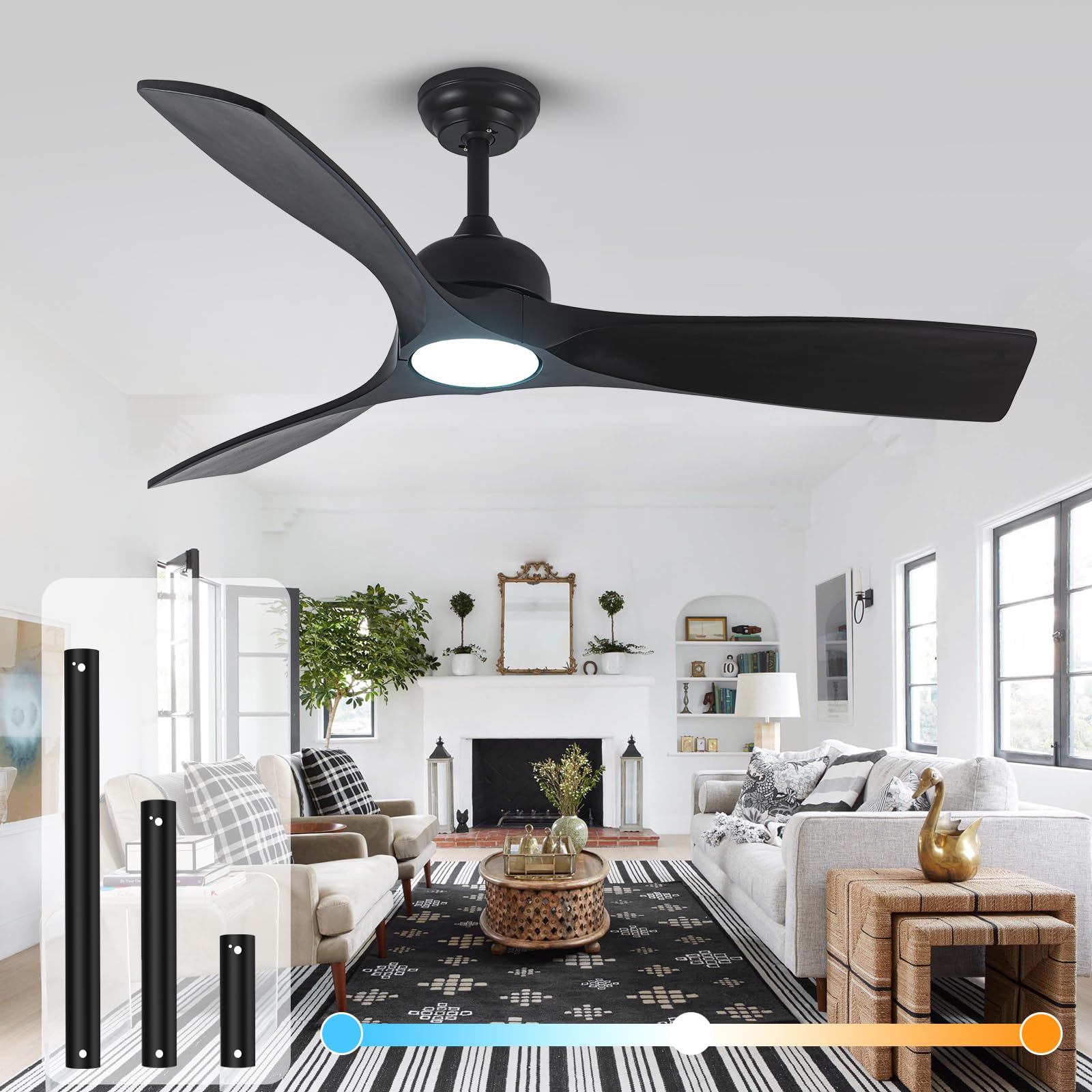 52 Inch Black Ceiling Fan with Lights & Remote - 3 Blade Solid Wood DC Motor Fan, Dimmable LED Light - Modern Indoor/Outdoor Ceiling Fan for Bedroom, Patio, Porch, Living Room & Office - Energy Efficient & Quiet Operation