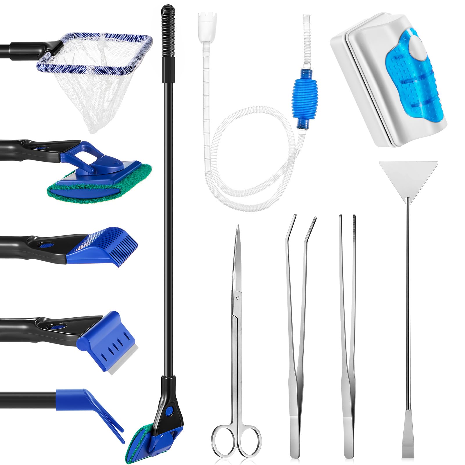 Premium Aquarium Cleaning Kit - 5-in-1 Fish Tank Gravel Vacuum, 4-Piece Long Aquascape Tools & Magnetic Glass Cleaner | Complete Maintenance Set for Freshwater & Saltwater Tanks | Perfect for Water Changes, Algae Removal & Substrate Cleaning