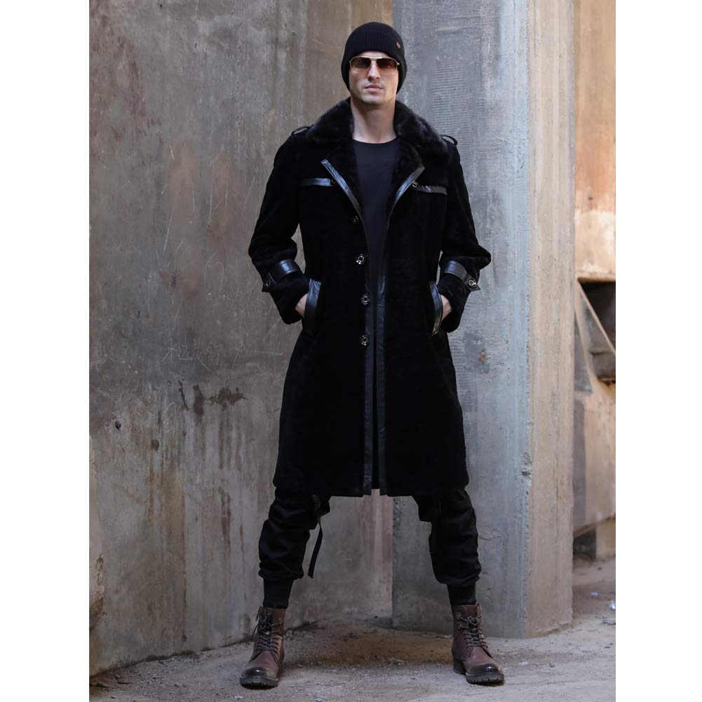 Men's Black Shearling Jacket - Genuine Sheepskin Leather Coat with Mink Fur Collar - Winter Long Trench Coat for Men - Perfect for Cold Weather, Outdoor Adventures & Stylish Urban Fashion