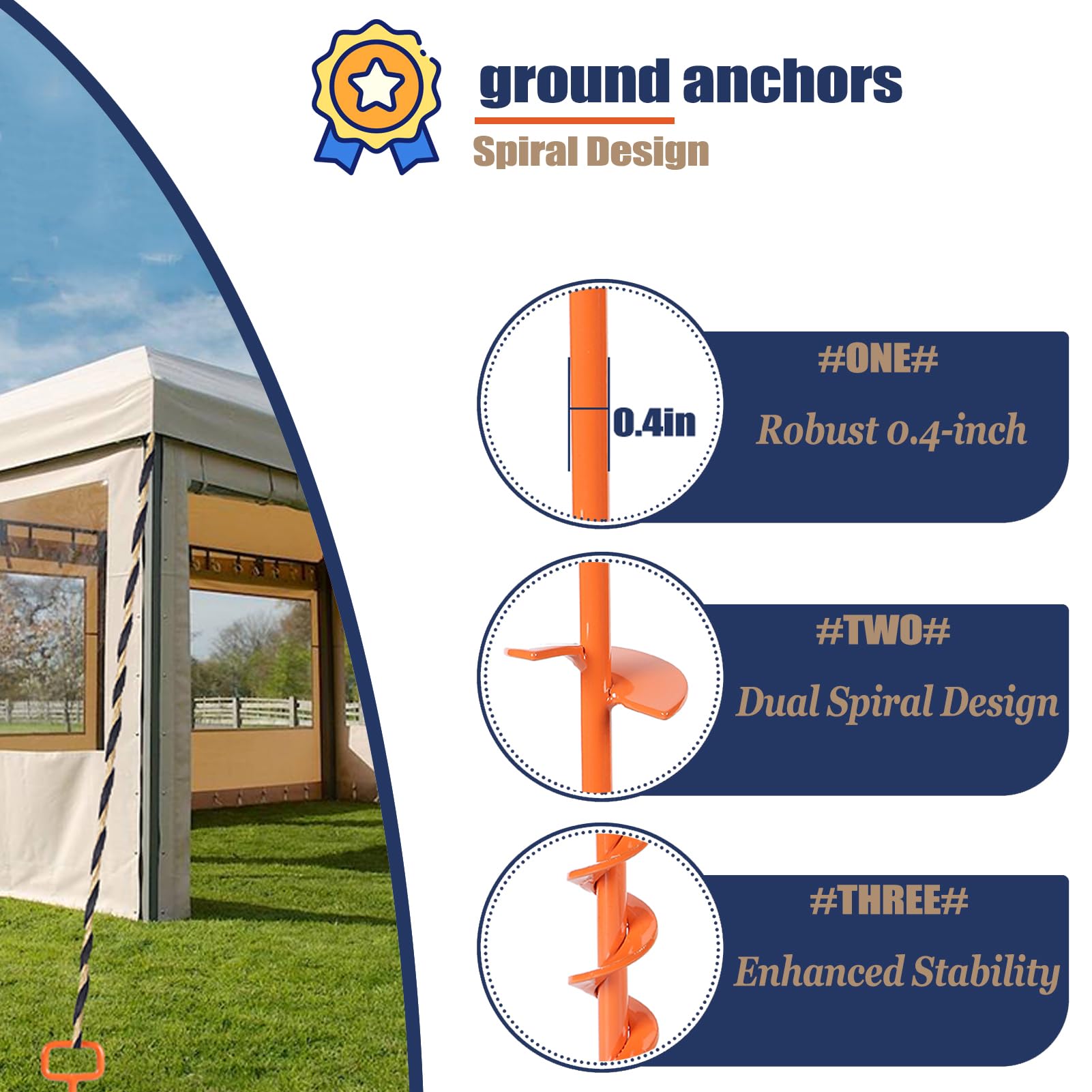 16-Inch Heavy Duty Screw-In Tent Stakes & Ground Anchors Kit - 6PCS Orange with Adapter for Camping, RV, Mobile Homes, Tree Straightening & Outdoor Shelter Stability