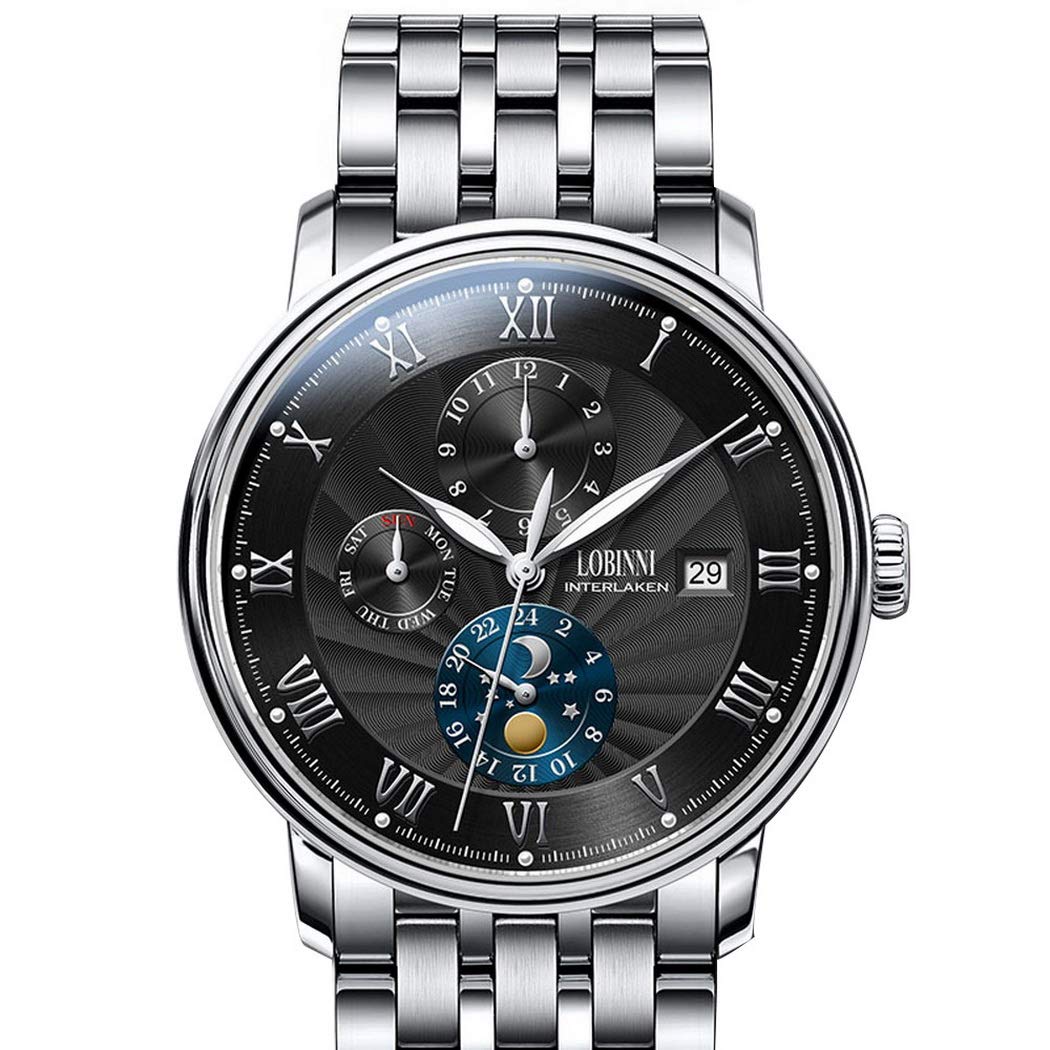 Premium LOBINNI Men's Automatic Mechanical Watch - Luxury Dress Wristwatch with Self-Wind, 50m Waterproof, Displaying Month, Week, Date & 24-Hour Day/Night - Perfect for Business, Formal Events & Everyday Elegance