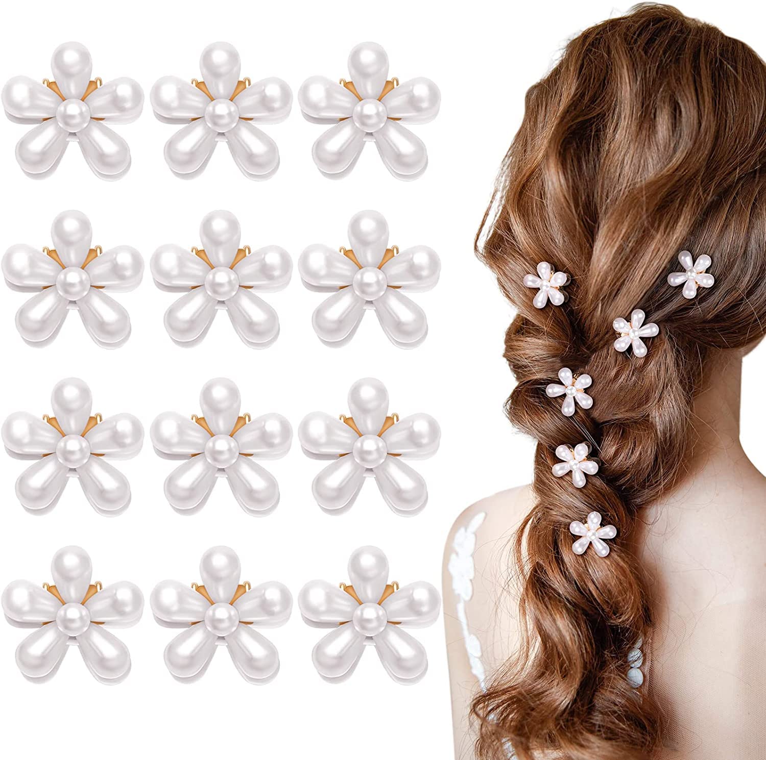 Korean Pearl Barrettes Set - 4 Pcs Crystal Flower Hair Clips for Women, Wedding & Party Accessories