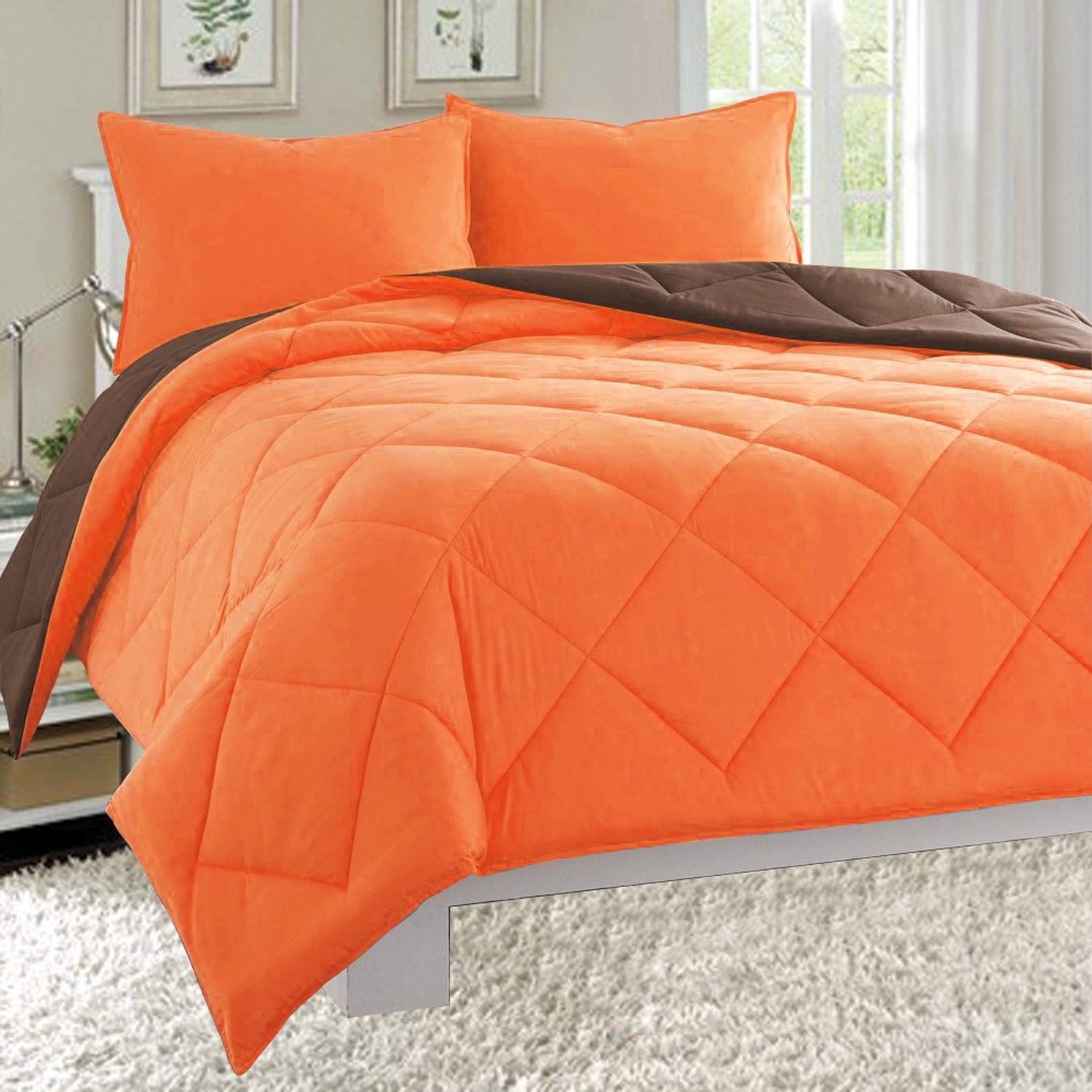 Luxury CELINE LINEN All-Season Lightweight Reversible 2-Piece Down Alternative Comforter Set - Diamond Stitched, Twin/Twin XL, Orange/Chocolate - Perfect for Guest Bedrooms, Dorm Rooms & Cozy Home Decor