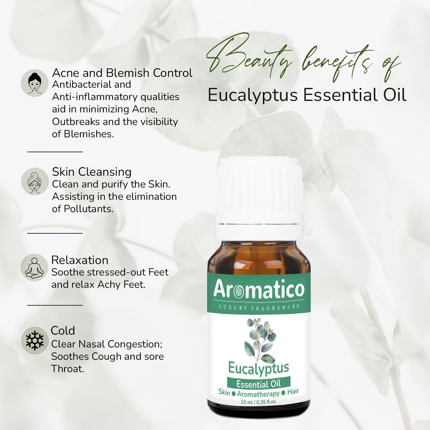 **Aromatherapy Eucalyptus Essential Oil - 100% Pure Therapeutic Grade for Steam Inhalation, Massage, Relaxation & Skin Care | Natural Mosquito Repellent & Hair Treatment | Use in Diffuser, Bath or DIY Beauty - 10ml**