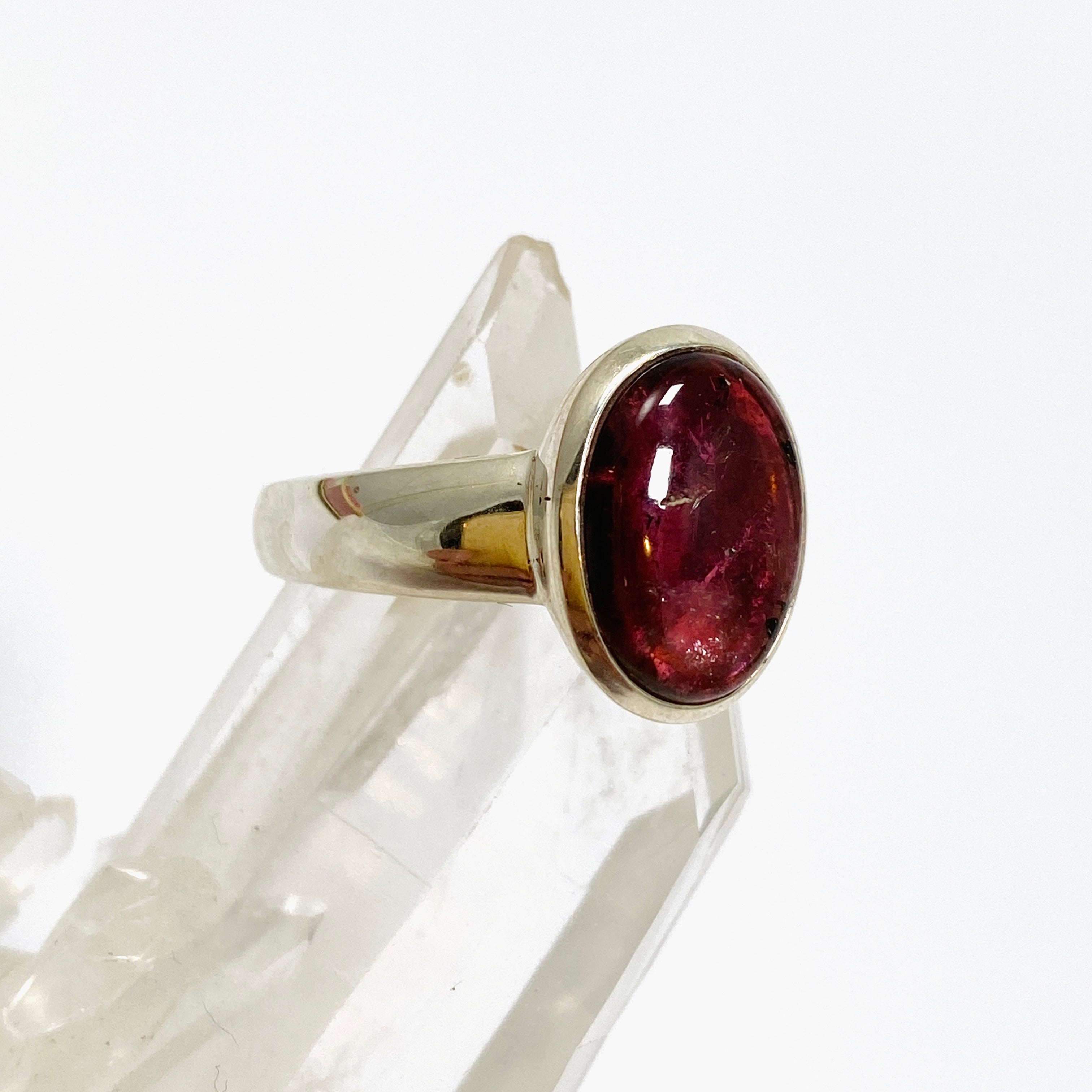 Natural Pink Tourmaline Oval Cabochon Ring - Size 9 Sterling Silver - PRGJ738 - Elegant Jewelry for Women's Daily Wear & Special Occasions