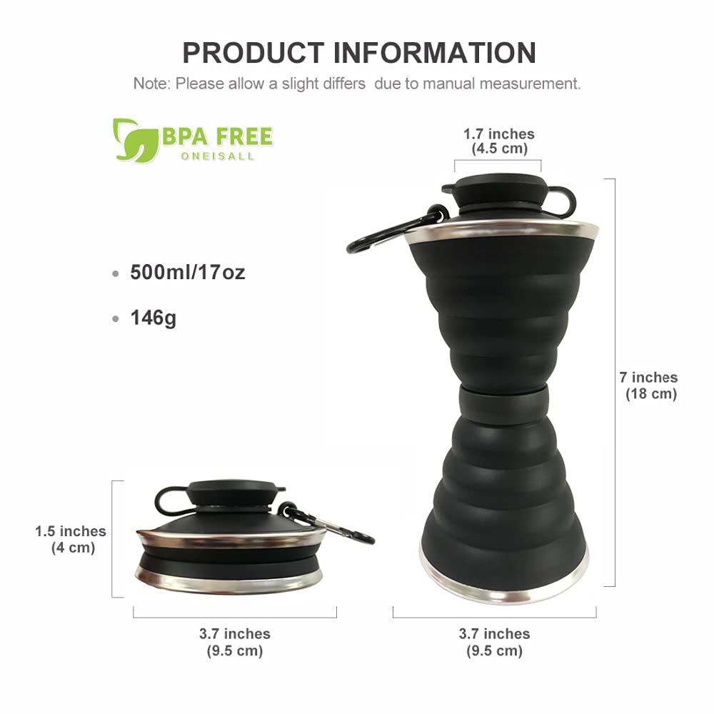 Collapsible Water Bottle with Carabiner - Reusable Silicone Foldable Leak Proof Sports Water Bottle for Camping, Hiking, Travel, Gym & Cycling - BPA Free Portable Outdoor Cup - Perfect for Backpacking, Workouts and Adventure Trips