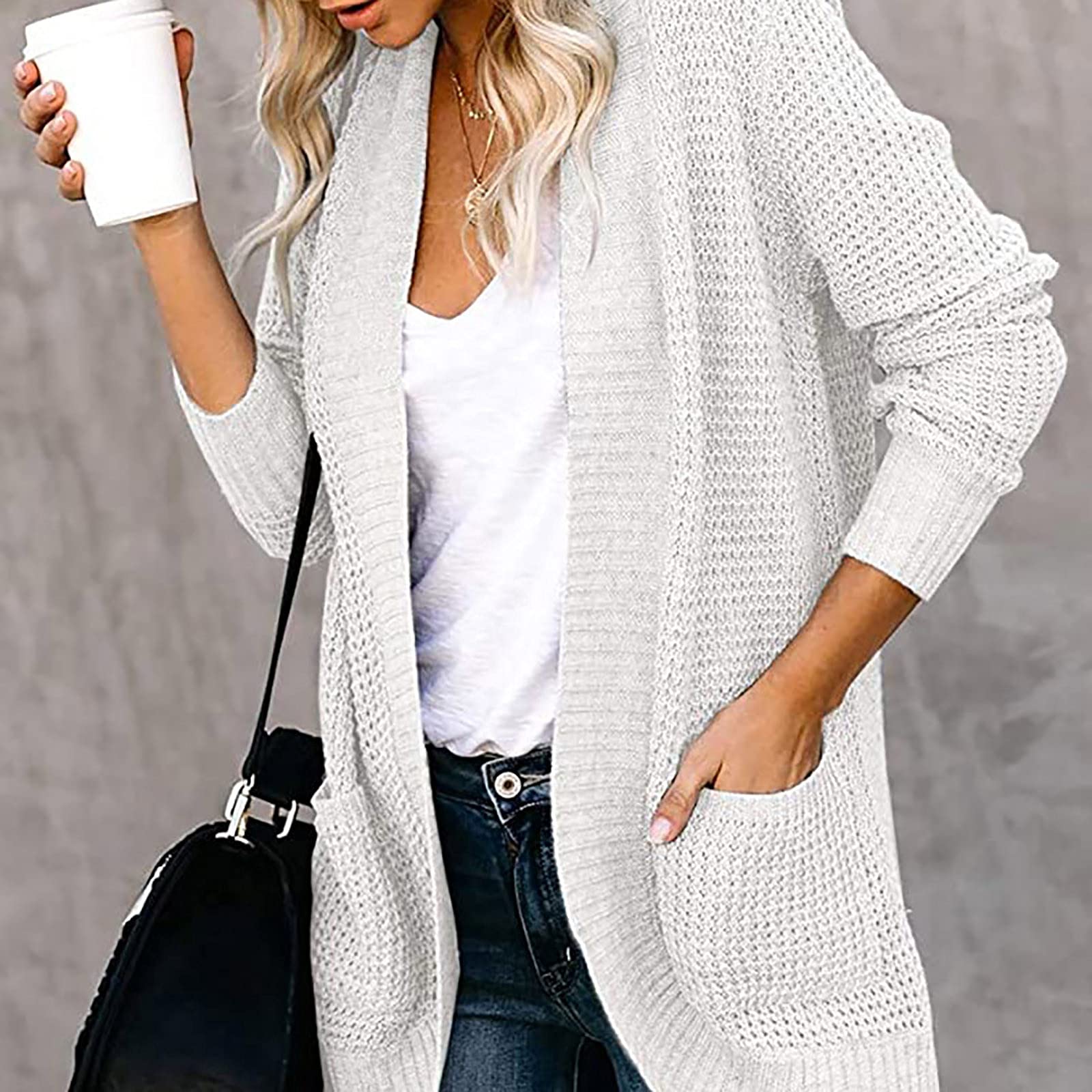 Women's Chunky Open Front Cardigan - Long Sleeve Loose Fit Knit Draped Sweater Waffle Knitted Long Cardigan Outwear for Casual Wear, Office & Fall Layering