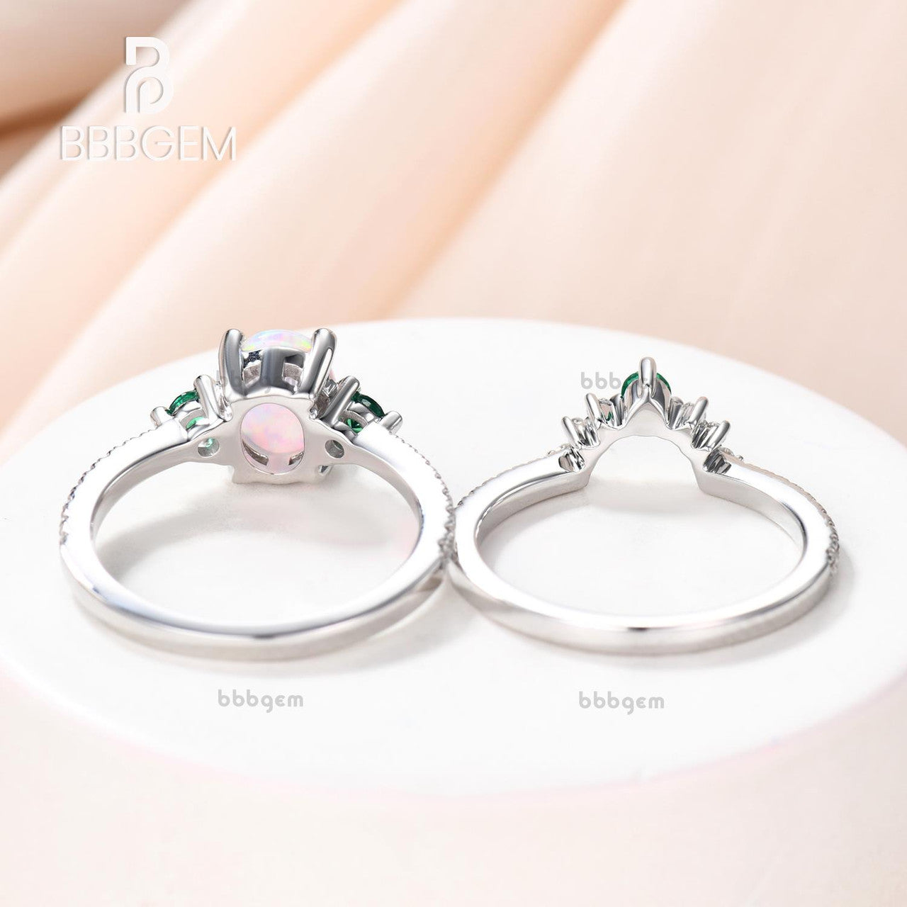 Antique Diamond & Emerald Engagement Ring Set with Lab Opal Bridal Wedding Band - Vintage Style for Bridal Jewelry, Wedding Proposal & Anniversary Gifts