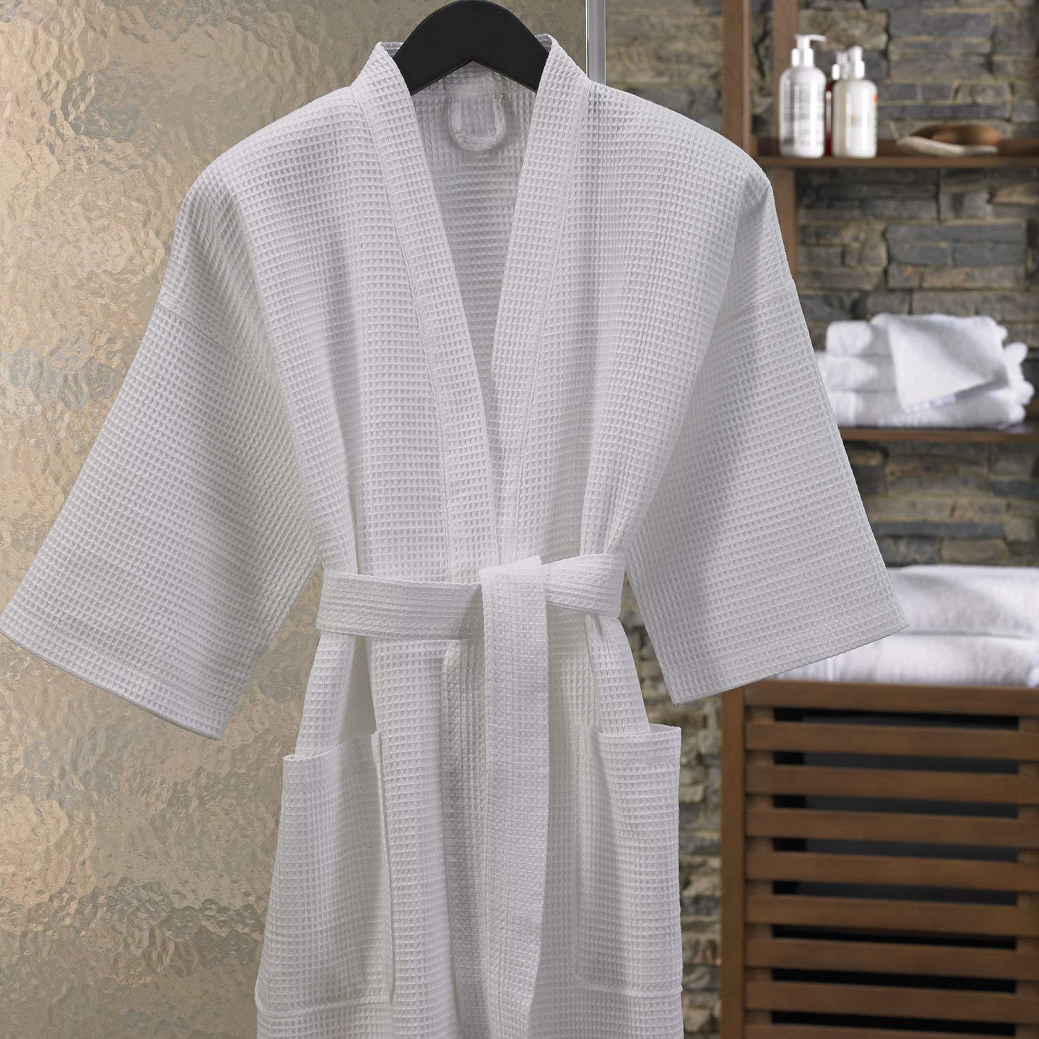 Luxury Marriott Waffle Kimono Robe - Premium Cotton Blend Hotel Bathrobe - One Size Fits Most - Soft White Spa Robe for Women & Men - Perfect for Hotels, Spas, and Home Relaxation