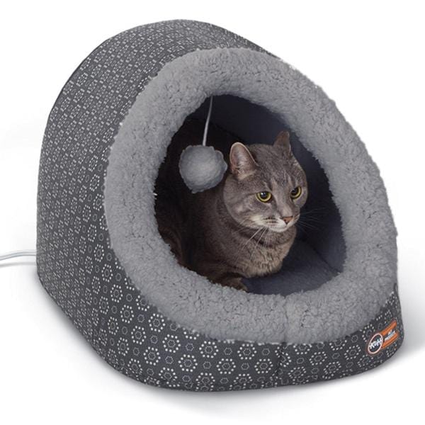 K&H Thermo Pet Cave Heated Cat Bed - Self-Warming Grey Cat House for Indoor Cats | Perfect for Winter & Cold Weather Comfort