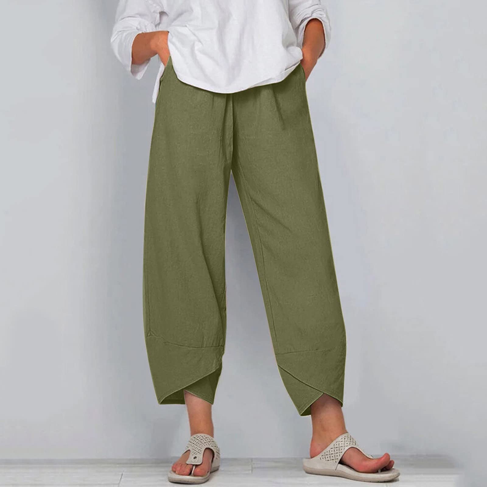 Women's Capri Pants - Summer Casual Cotton Linen Cropped Trousers with Elastic Waist & Wide Leg | Comfortable Lounge Wear, Beach Outfits, Vacation Essentials