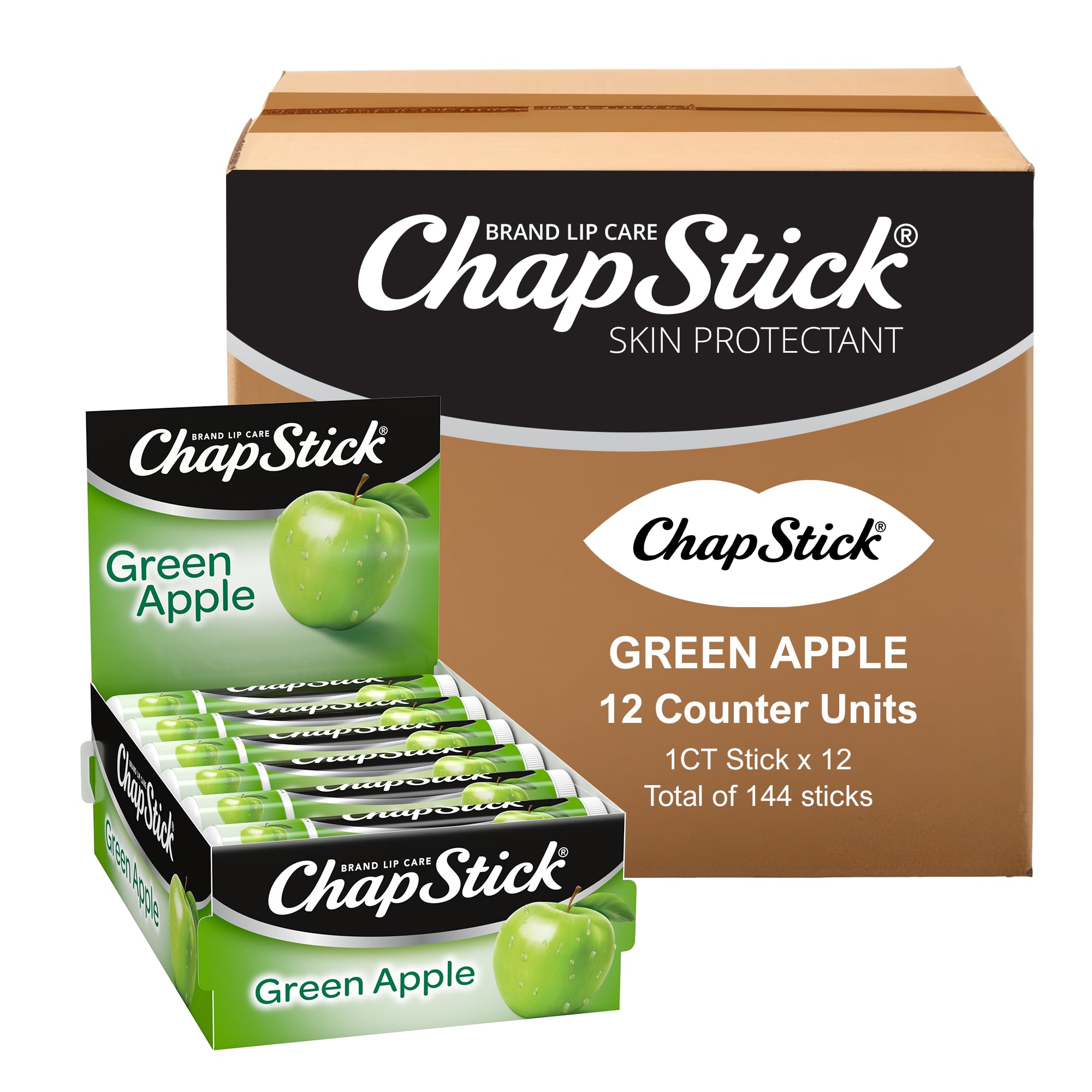 ChapStick Bulk Lip Balm - Green Apple Flavor, 144 Tubes (0.15 oz Each) | Moisturizing Lip Care for Dry & Chapped Lips | Perfect for Schools, Offices, Retail Stores & Promotional Giveaways