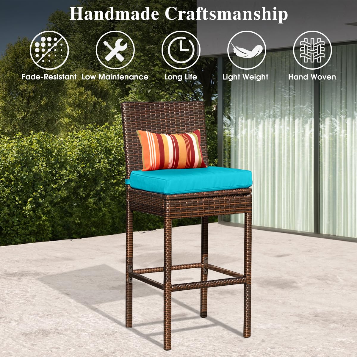 Sundale Outdoor Wicker Bar Stool Set of 4 - 30 Inch Counter Height Patio Stools with Backrest, Rattan Woven Tall Chairs with Blue Cushions & Pillows - Steel Frame, Brown - Perfect for Backyard, Poolside, and Outdoor Dining Areas