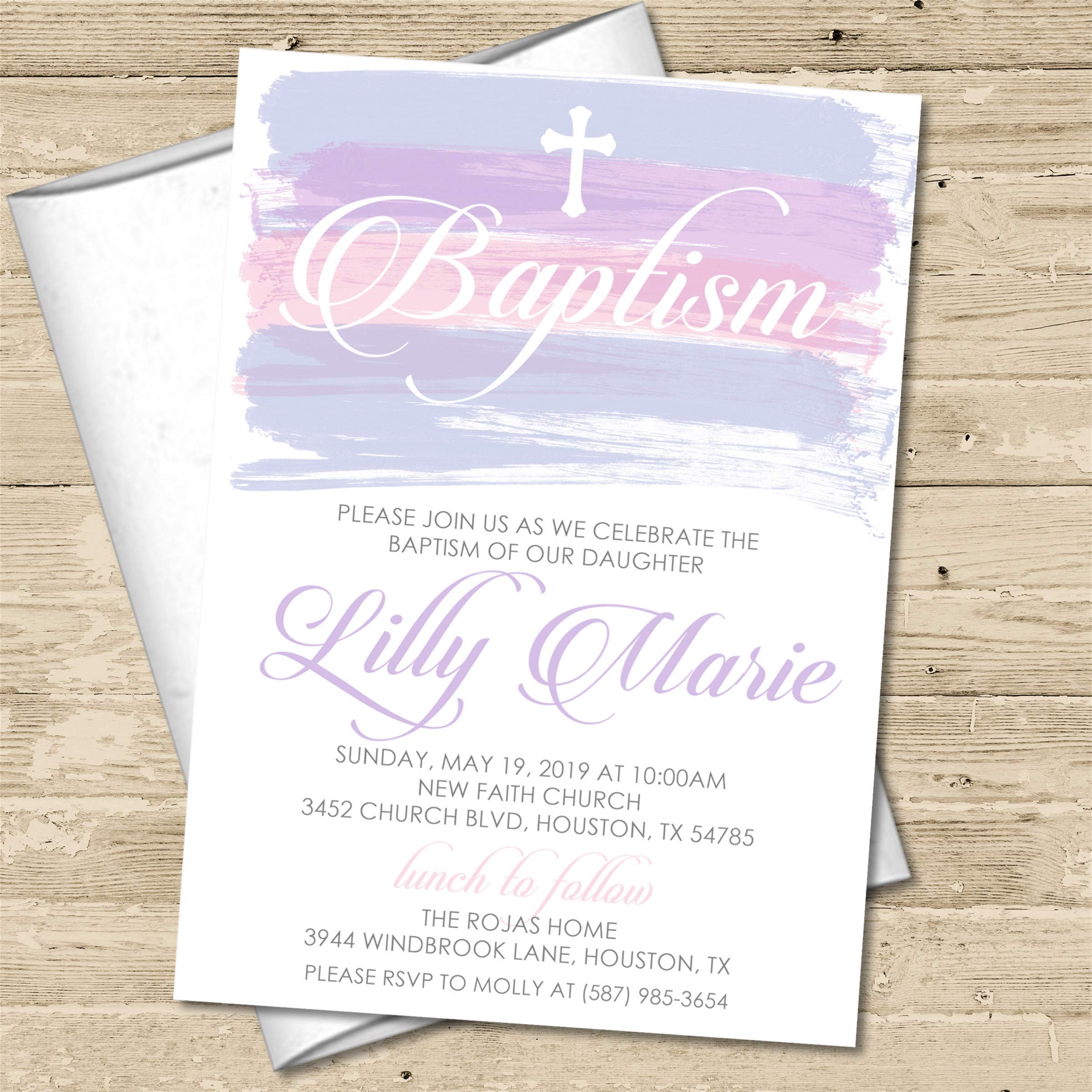 Elegant Pink & Purple Baptism Invitations for Girls - Customizable Christening Cards for Baby Showers & Religious Celebrations