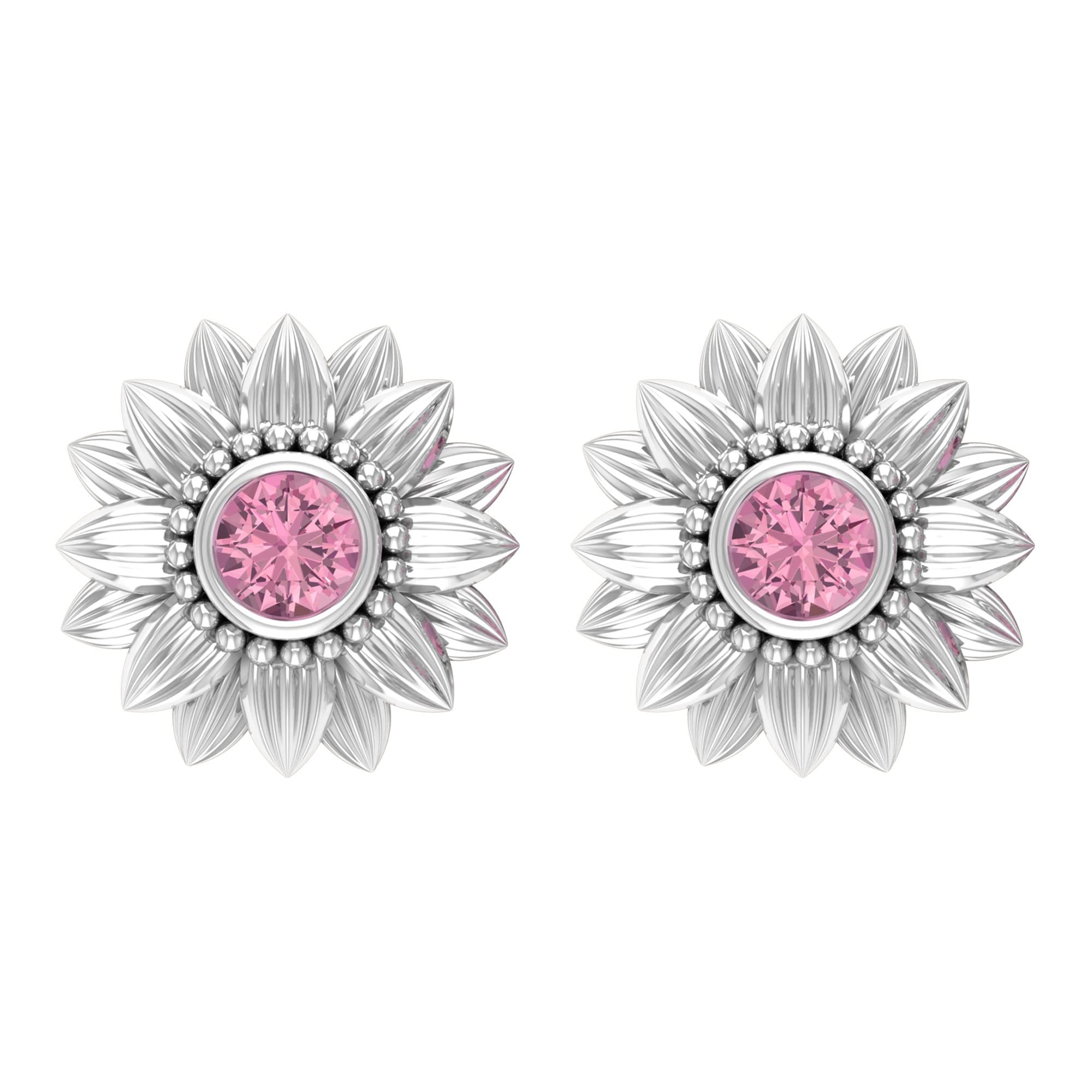 0.25 CT Pink Tourmaline Floral Stud Earrings - 14K Solid Gold Bezel Set October Birthstone Jewelry for Women - Elegant Gift for Anniversary, Birthday & Special Occasions
