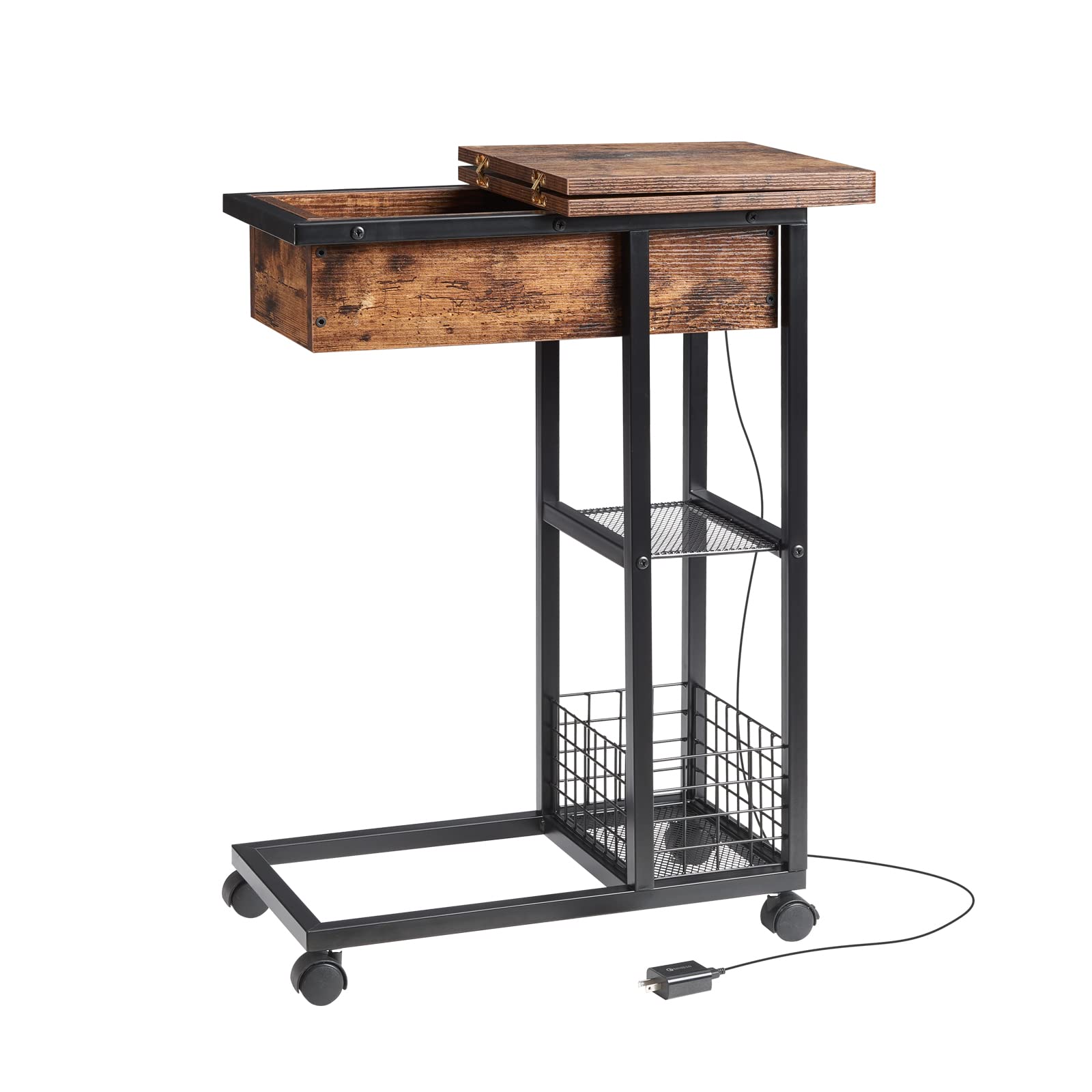 FENICHI C-Shaped End Table with Wireless Charging Station & USB Ports - Flip Top Side Table with Storage Shelf for Living Room, Bedroom, Small Spaces - Perfect for Charging Devices, Storing Remotes & Saving Space