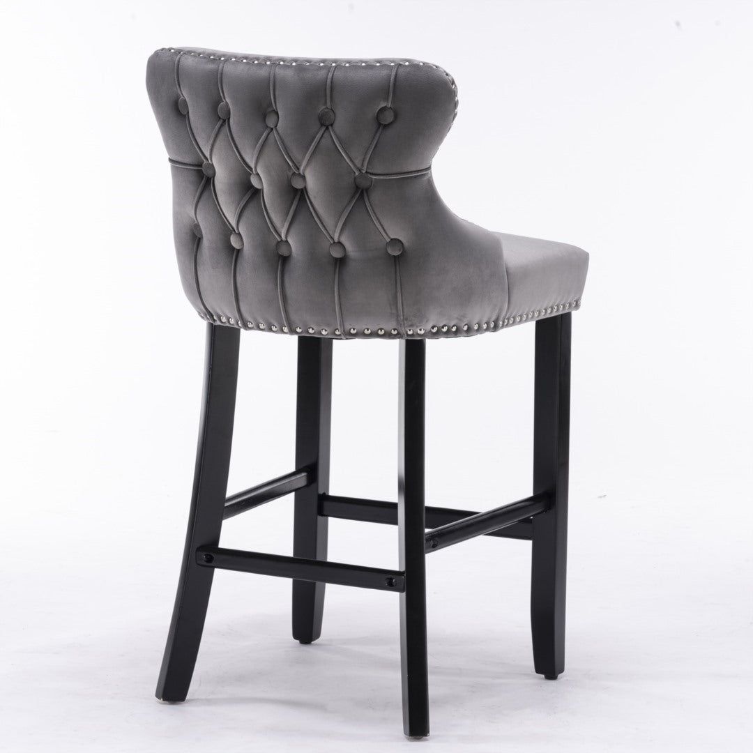Velvet Upholstered Button Tufted Bar Stools with Wood Legs - Set of 4 Grey Barstools for Kitchen Island, Breakfast Nook & Home Bar Decor