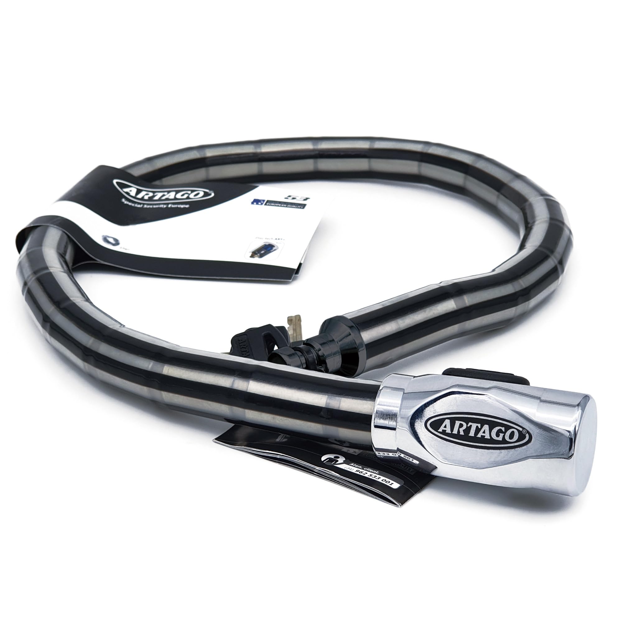 Artago 5310 Python Cable Lock - High Security Anti-Theft Steel Cable Lock with DISC-TECH Art+ & Rotating Shield for Motorcycles, Scooters, Bicycles (100cm/3.3ft) - Perfect for Outdoor Parking, Commuting & Travel Security